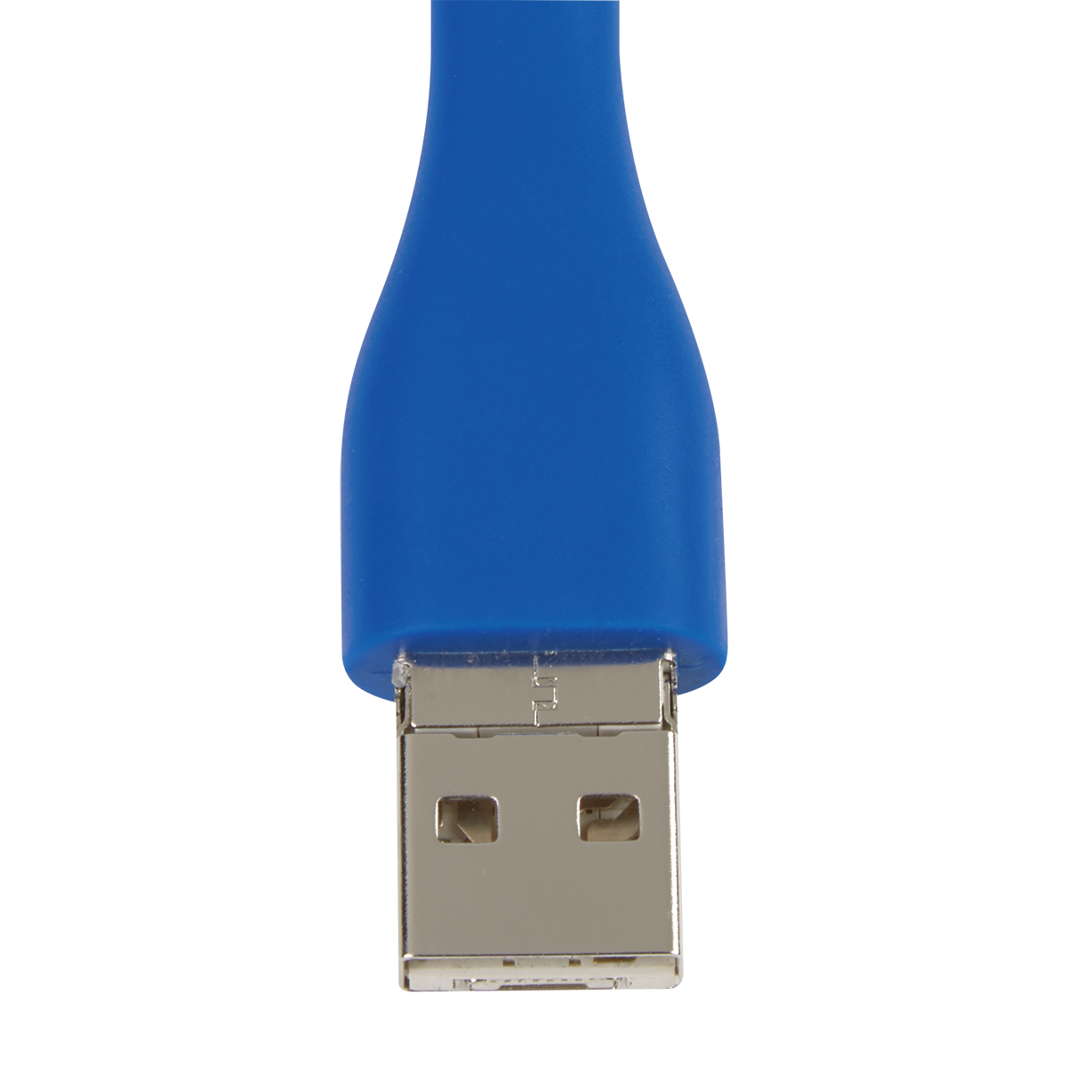 Mini USB Fan with 3-Way Connector in Blue flexible material, with different port compatible With Apple® 8-Pin, Micro-USB And USB Devices, providing personal cooling while connected through the device charging port in an everyday workspace setting.