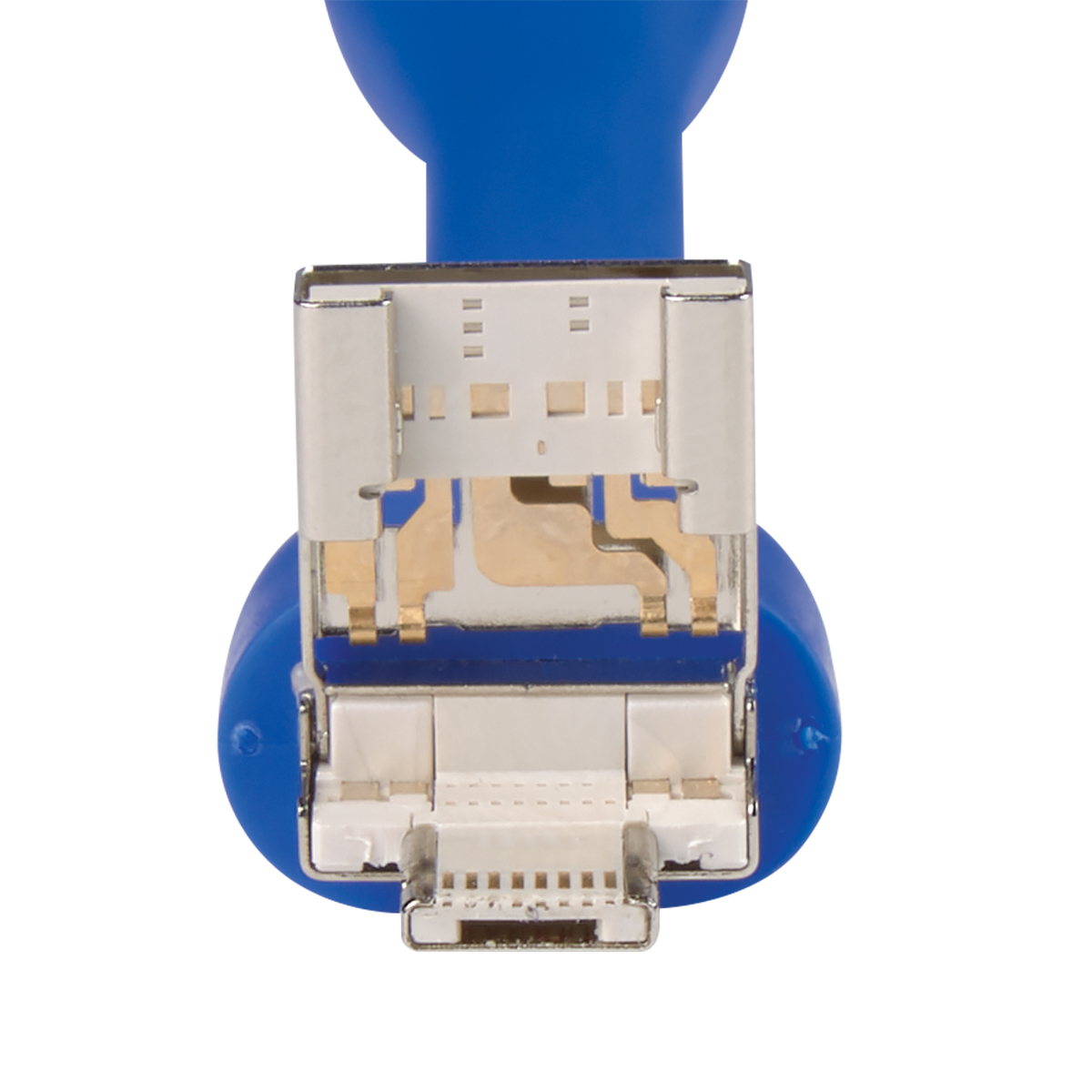 Mini USB Fan with 3-Way Connector in Blue flexible material, with different port compatible With Apple® 8-Pin, Micro-USB And USB Devices, providing personal cooling while connected through the device charging port in an everyday workspace setting.