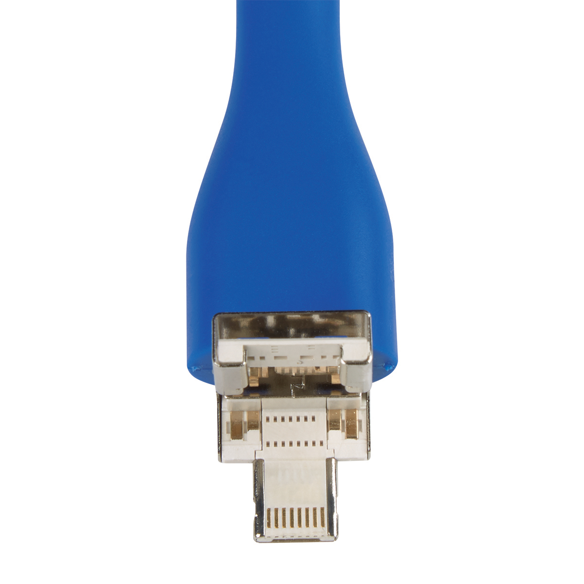 Mini USB Fan with 3-Way Connector in Blue flexible material, with different port compatible With Apple® 8-Pin, Micro-USB And USB Devices, providing personal cooling while connected through the device charging port in an everyday workspace setting.