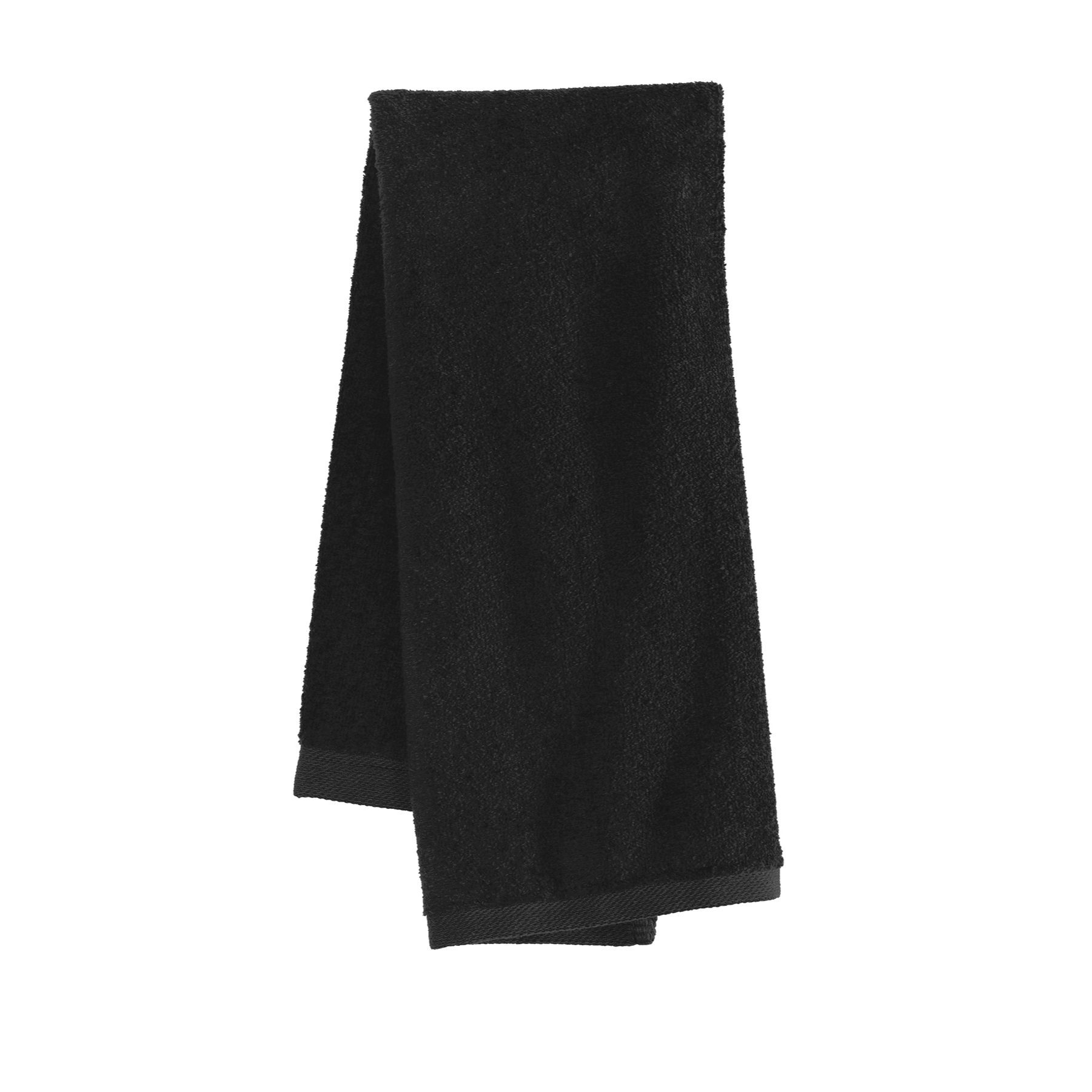 Black sport towel made from soft cotton terry velour with fully hemmed edges for sports, gym, and fitness use.