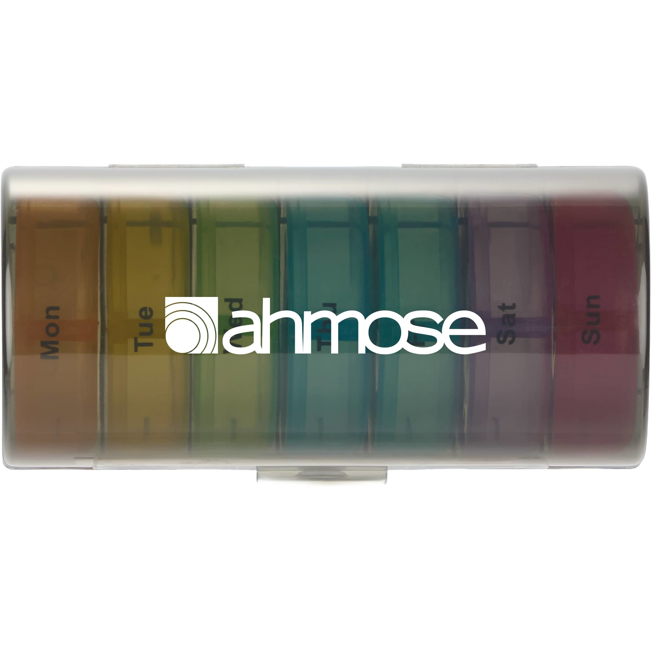 Black Recycled Weekly Pill Organizer in compact rectangular design with multiple labeled daily compartments, made from recycled plastic material for organizing vitamins, supplements, or daily medications.