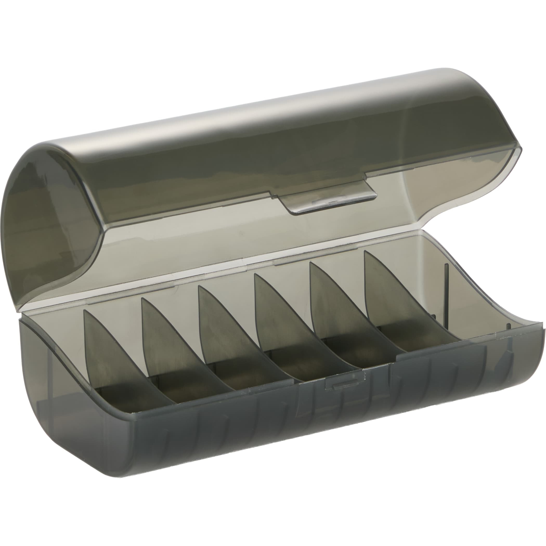 Black Recycled Weekly Pill Organizer in compact rectangular design with multiple labeled daily compartments, made from recycled plastic material for organizing vitamins, supplements, or daily medications.