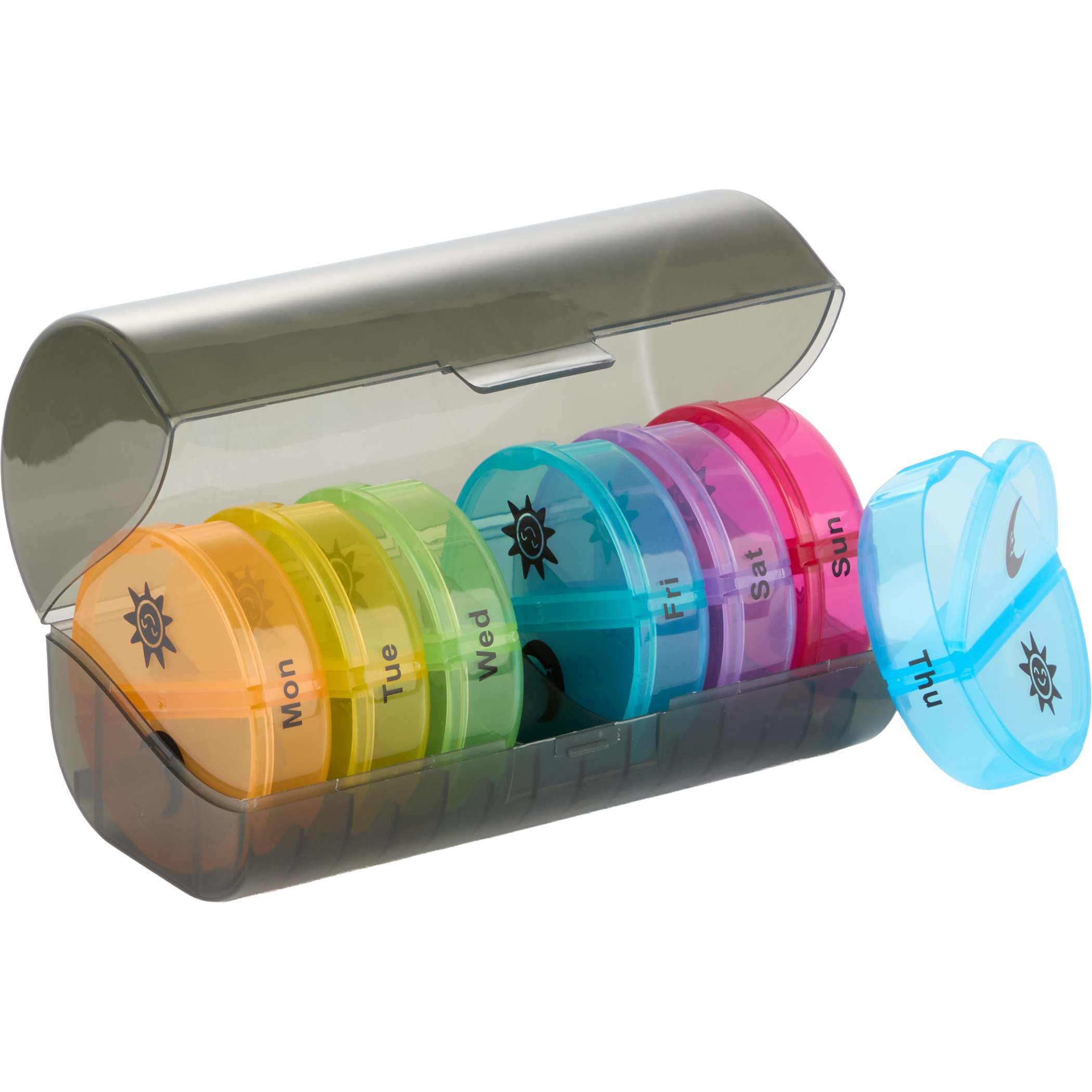 Black Recycled Weekly Pill Organizer in compact rectangular design with multiple labeled daily compartments, made from recycled plastic material for organizing vitamins, supplements, or daily medications.