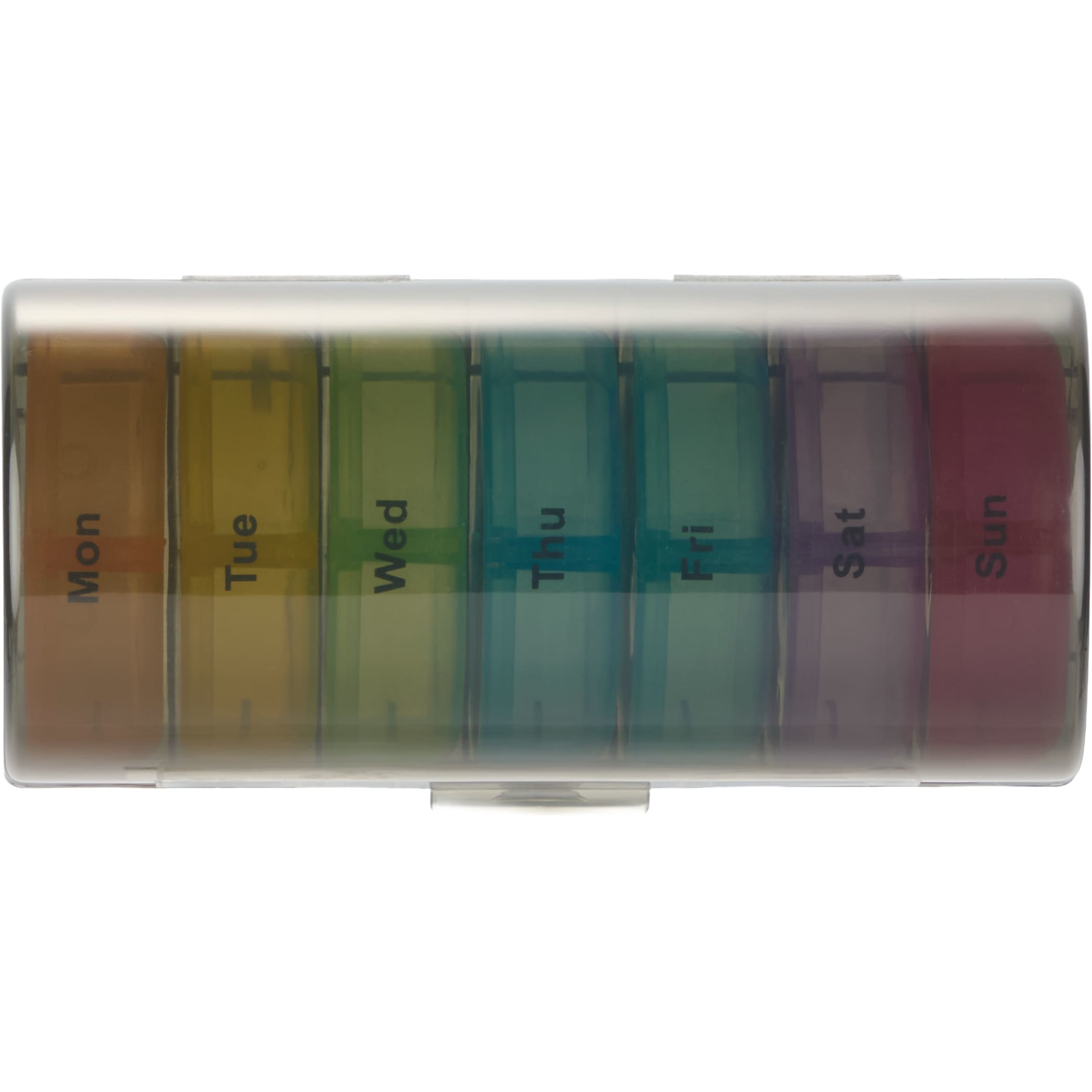 Black Recycled Weekly Pill Organizer in compact rectangular design with multiple labeled daily compartments, made from recycled plastic material for organizing vitamins, supplements, or daily medications.