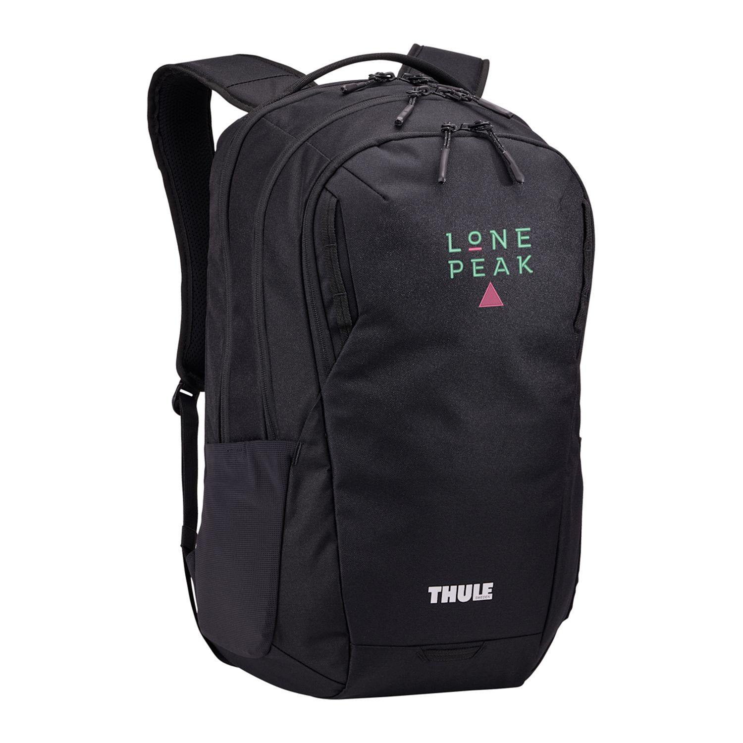 Black recycled polyester backpack with multiple zippered compartments, padded laptop sleeve, and side water bottle pocket.