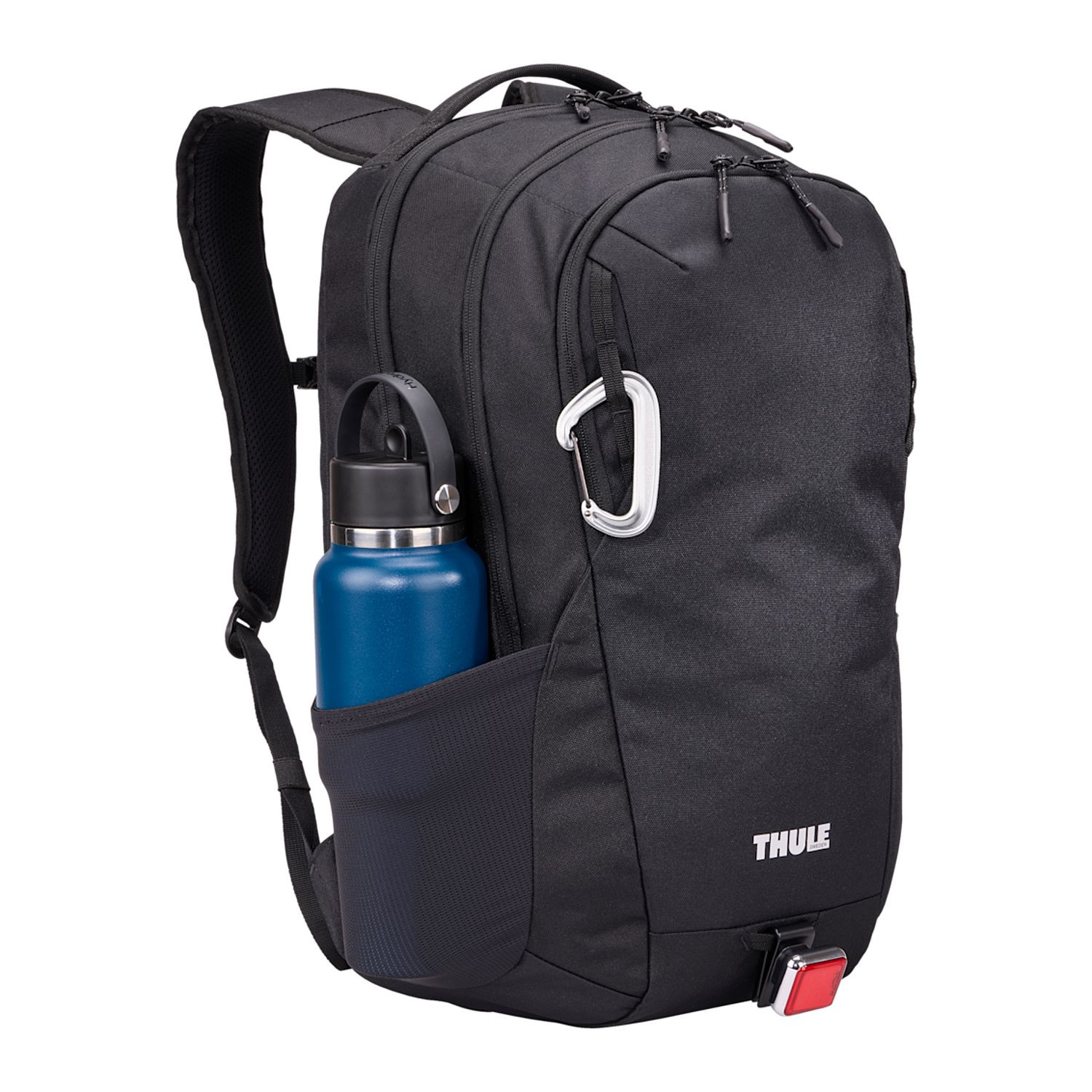 Black recycled polyester backpack with multiple zippered compartments, padded laptop sleeve, and side water bottle pocket.