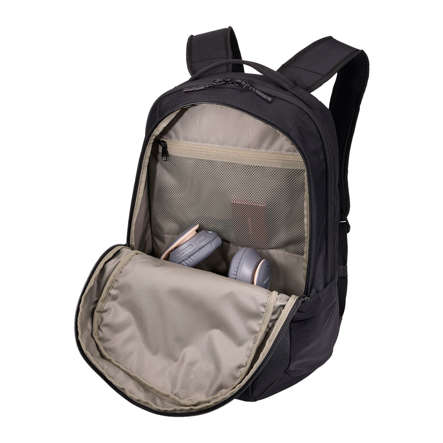 Black recycled polyester backpack with multiple zippered compartments, padded laptop sleeve, and side water bottle pocket.