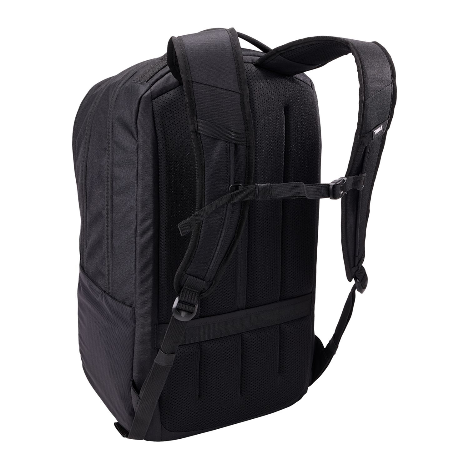 Black recycled polyester backpack with multiple zippered compartments, padded laptop sleeve, and side water bottle pocket.