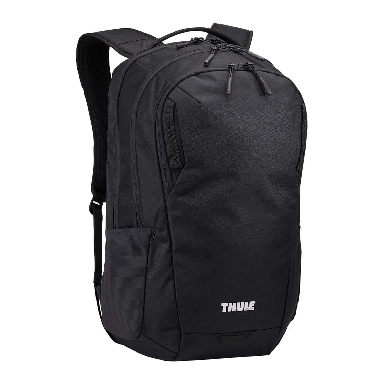 Black recycled polyester backpack with multiple zippered compartments, padded laptop sleeve, and side water bottle pocket.