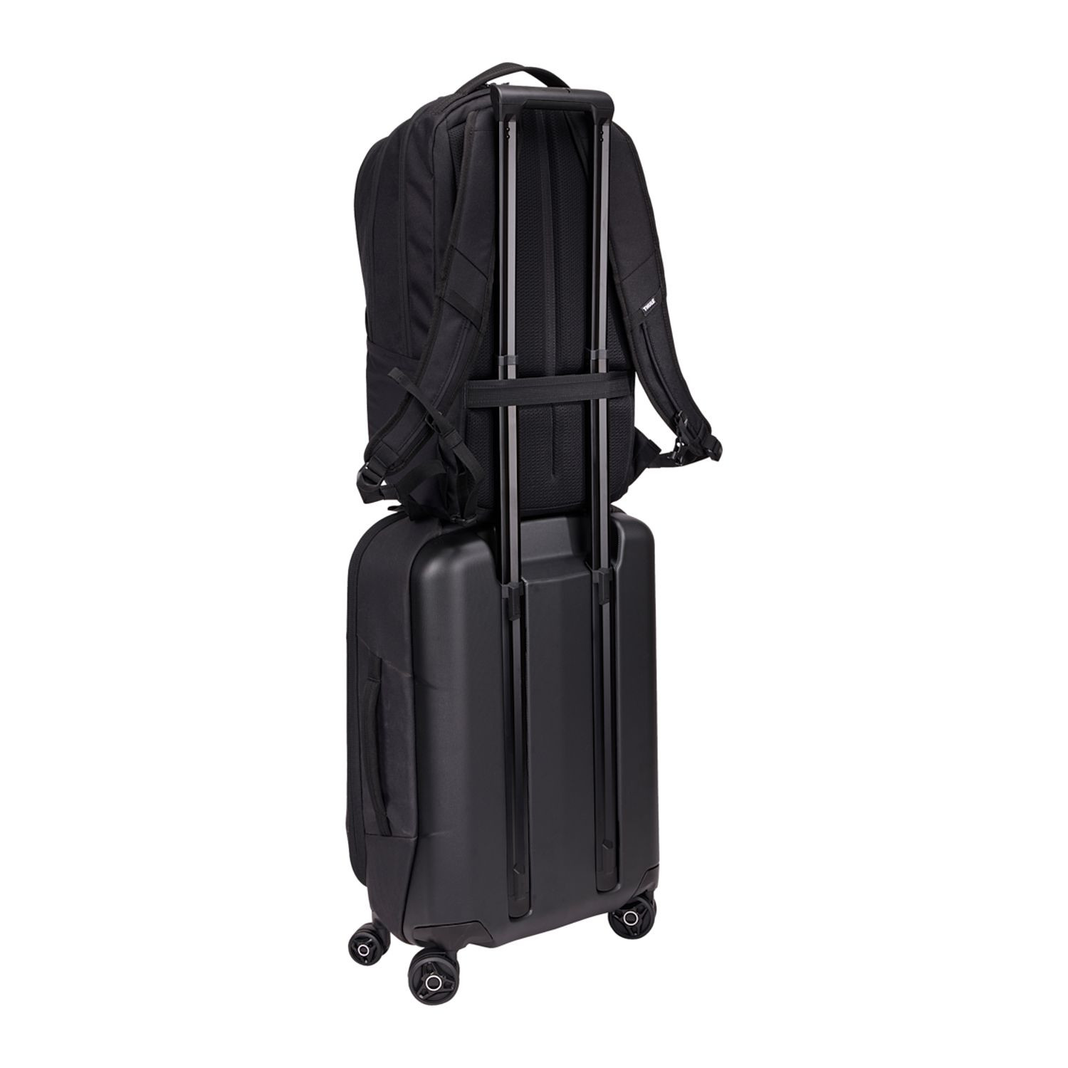 Black recycled polyester backpack with multiple zippered compartments, padded laptop sleeve, and side water bottle pocket.