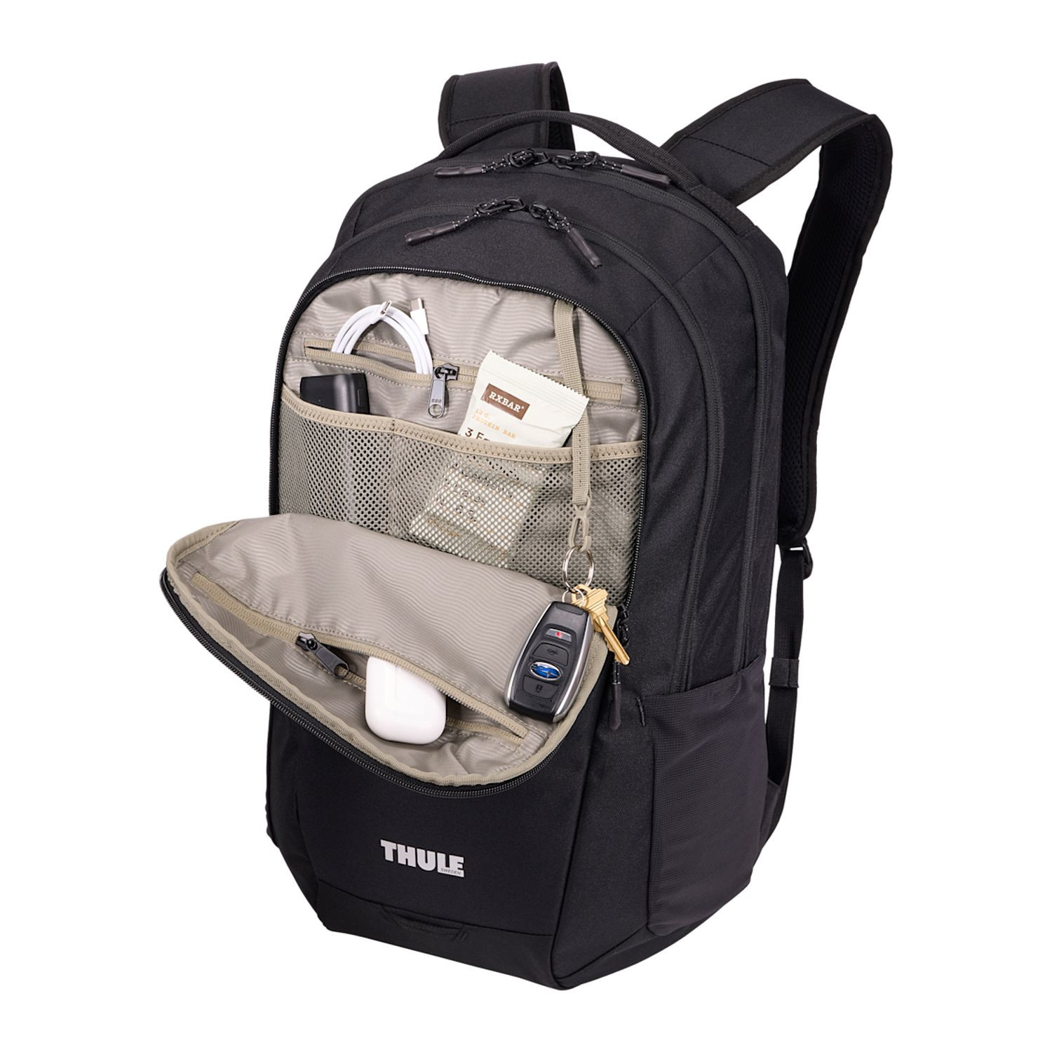 Black recycled polyester backpack with multiple zippered compartments, padded laptop sleeve, and side water bottle pocket.
