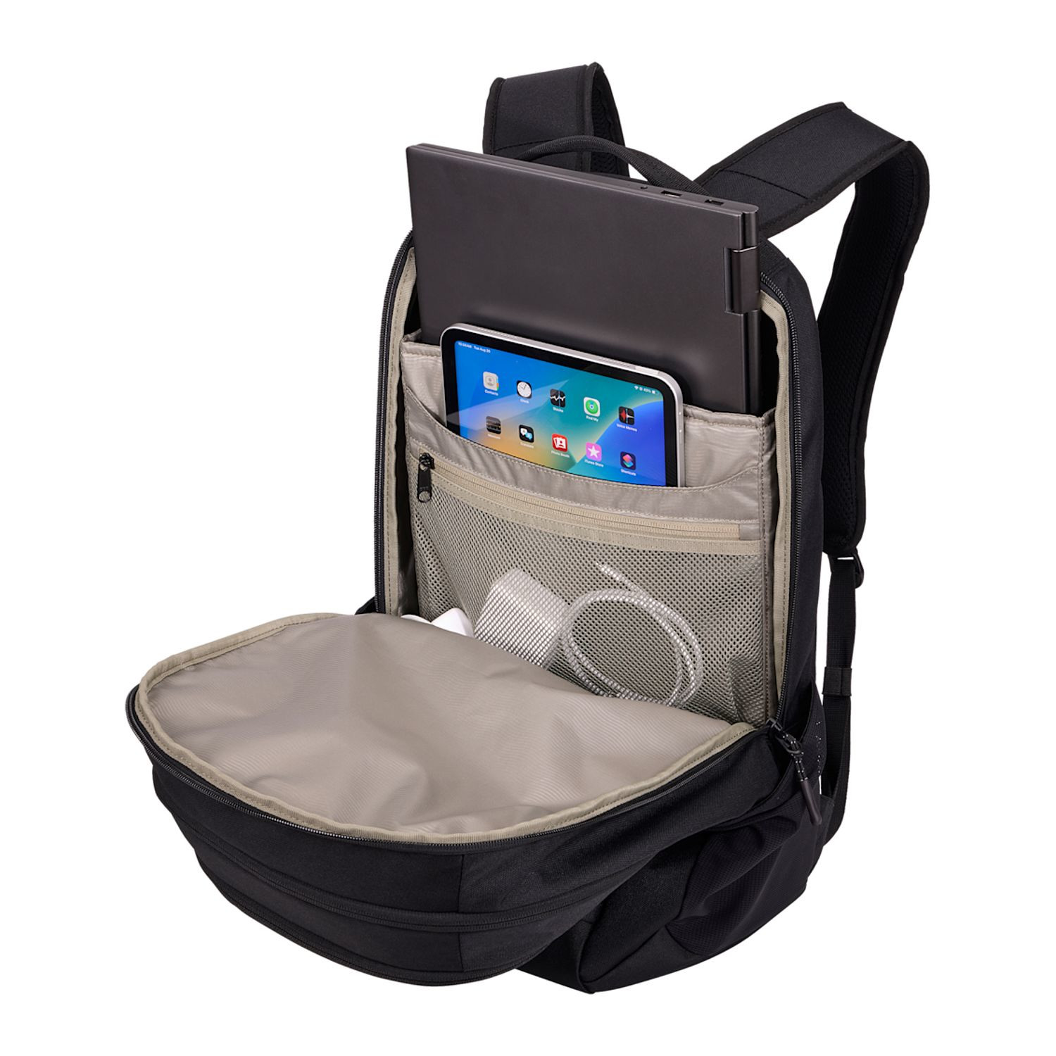Black recycled polyester backpack with multiple zippered compartments, padded laptop sleeve, and side water bottle pocket.