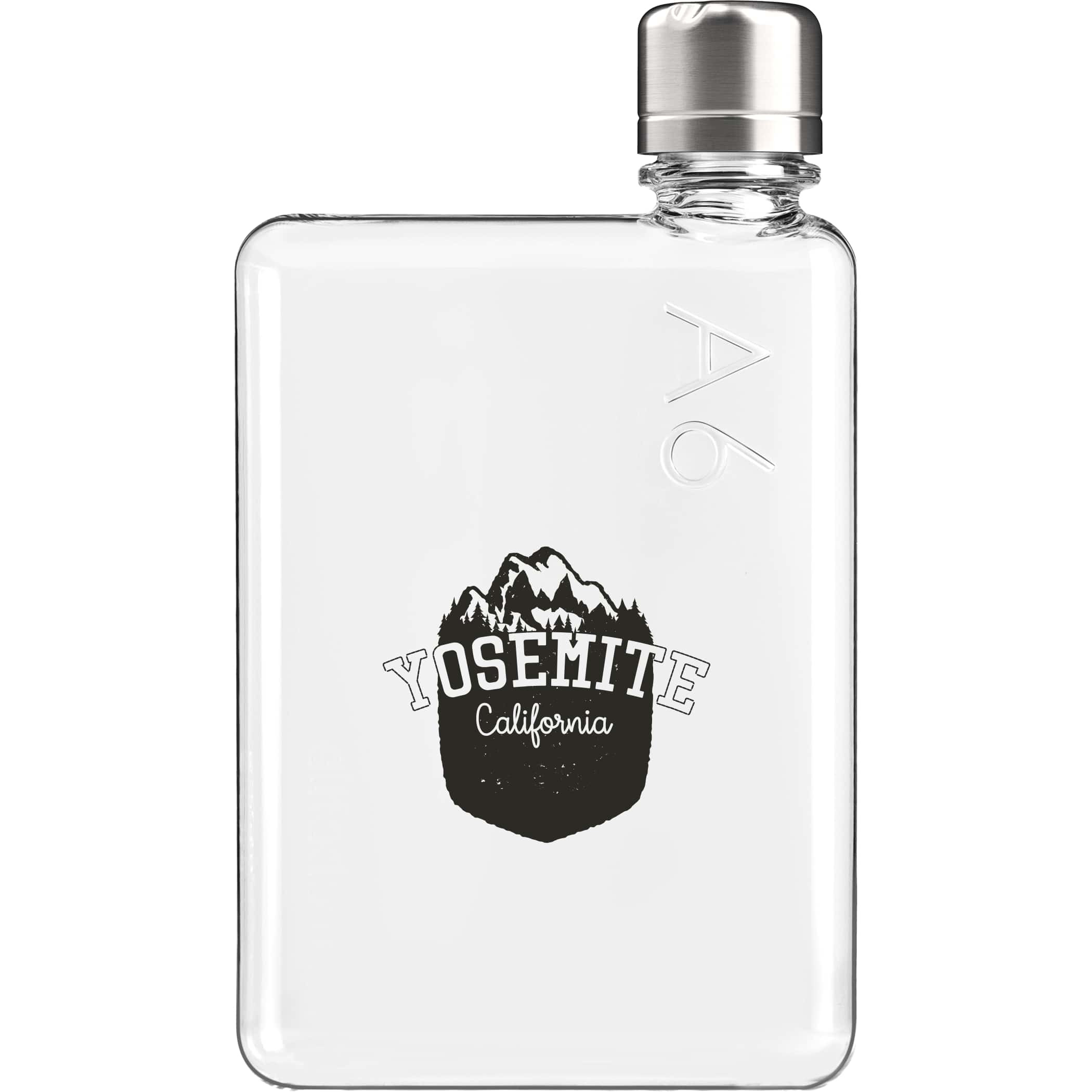 A6 Tritan™ memobottle™ clear slim water bottle with flat rectangular design, transparent BPA-free Tritan material, screw-top lid, and compact shape designed for portable hydration and easy storage in bags or backpacks.