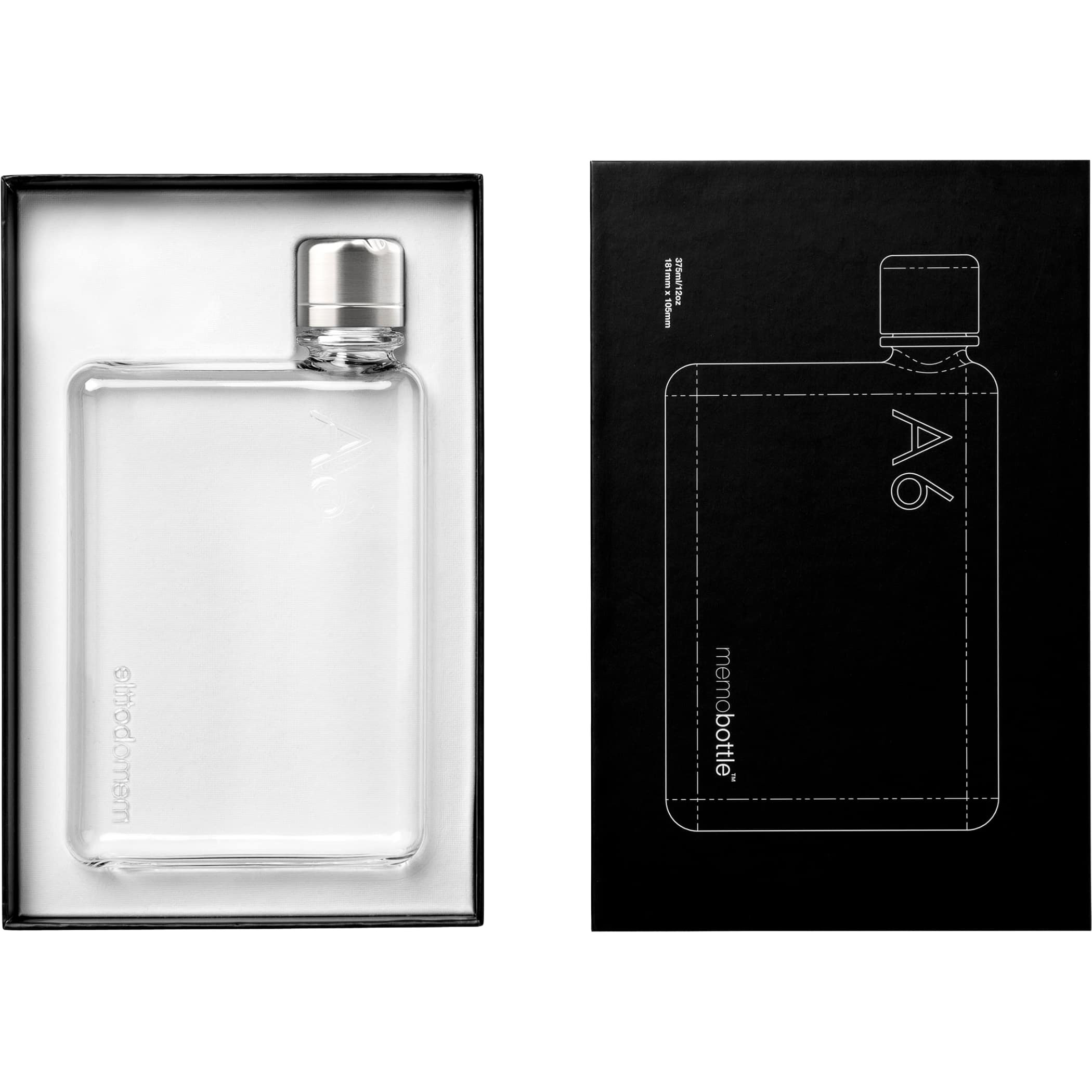 Clear A6 Tritan Memobottle in a box, BPA-free plastic with a slim, flat rectangular design inspired by paper shape, featuring a white screw-top lid, designed for easy storage in bags, laptops, or briefcases for everyday hydration on the go.