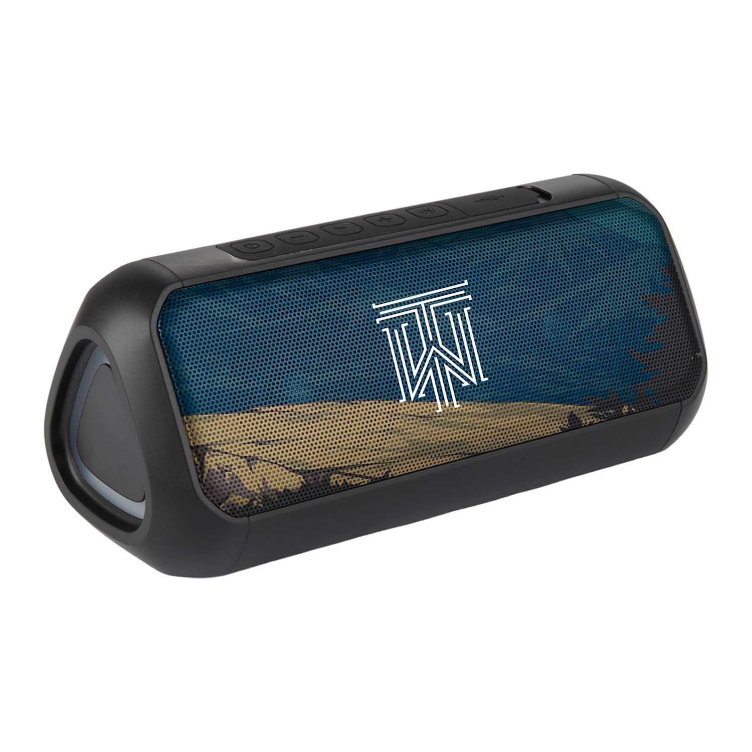 Black outdoor Bluetooth® party speaker with LED lights, waterproof design, built-in microphone, and wireless audio connectivity.