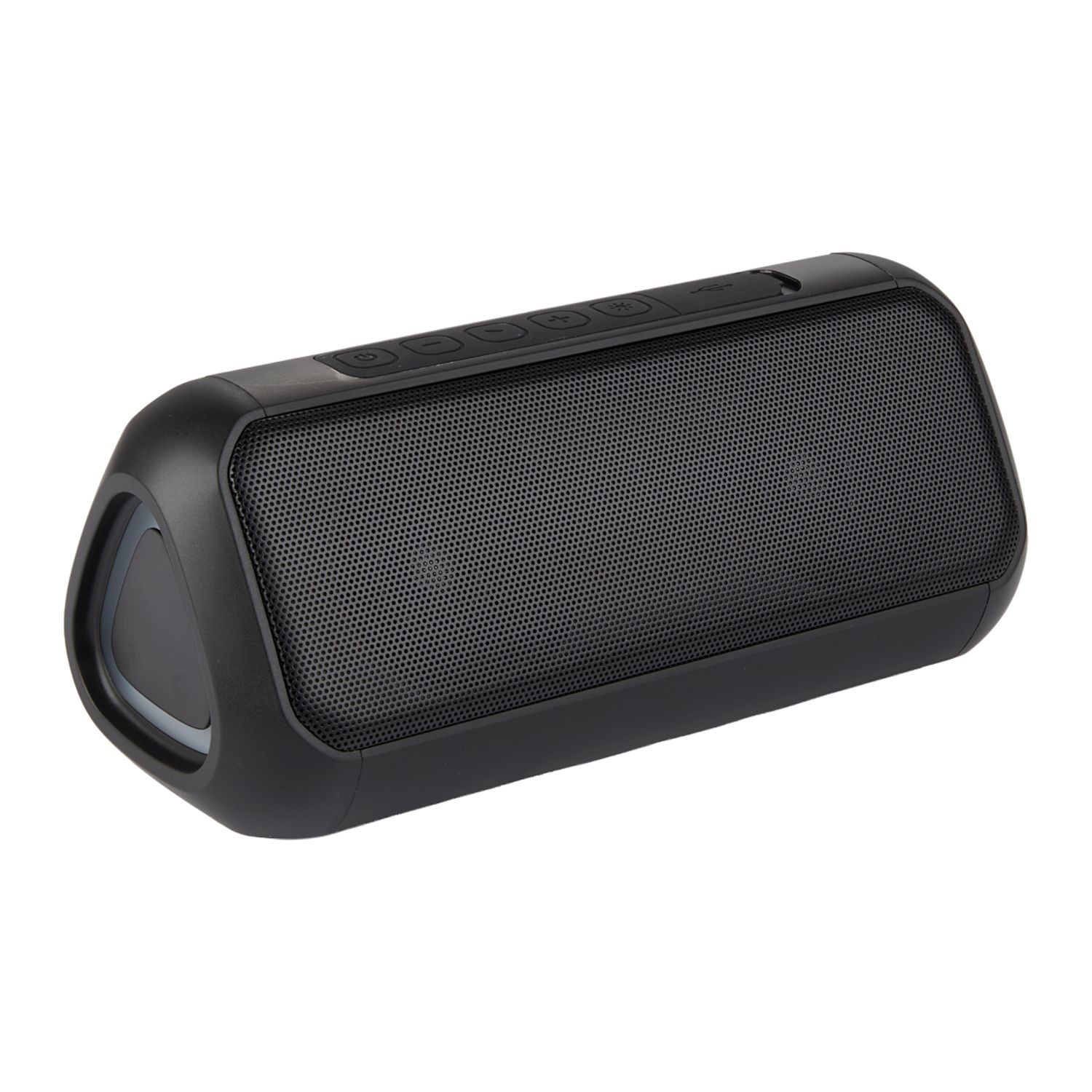 Black outdoor Bluetooth® party speaker with LED lights, waterproof design, built-in microphone, and wireless audio connectivity.