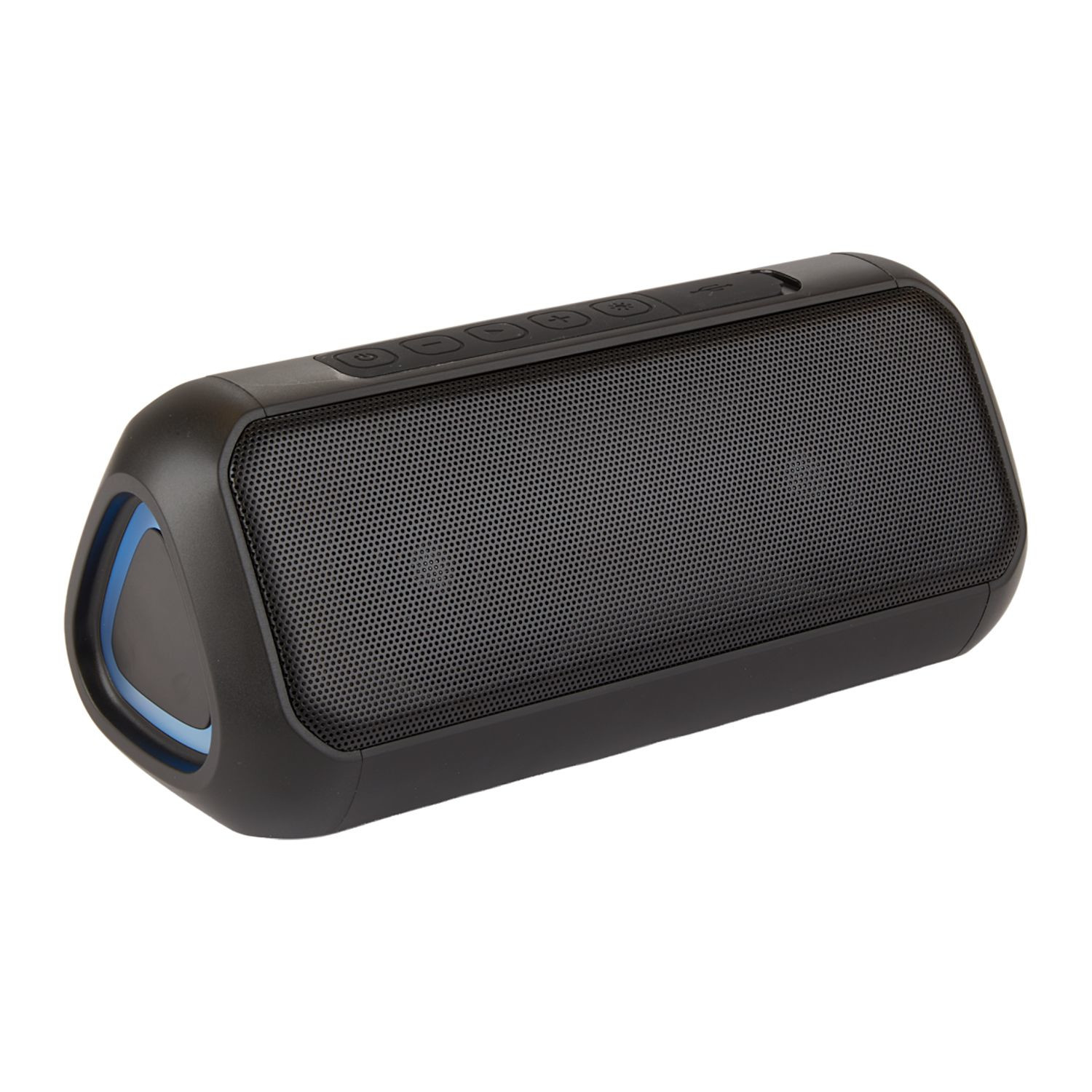 Black outdoor Bluetooth® party speaker with LED lights, waterproof design, built-in microphone, and wireless audio connectivity.