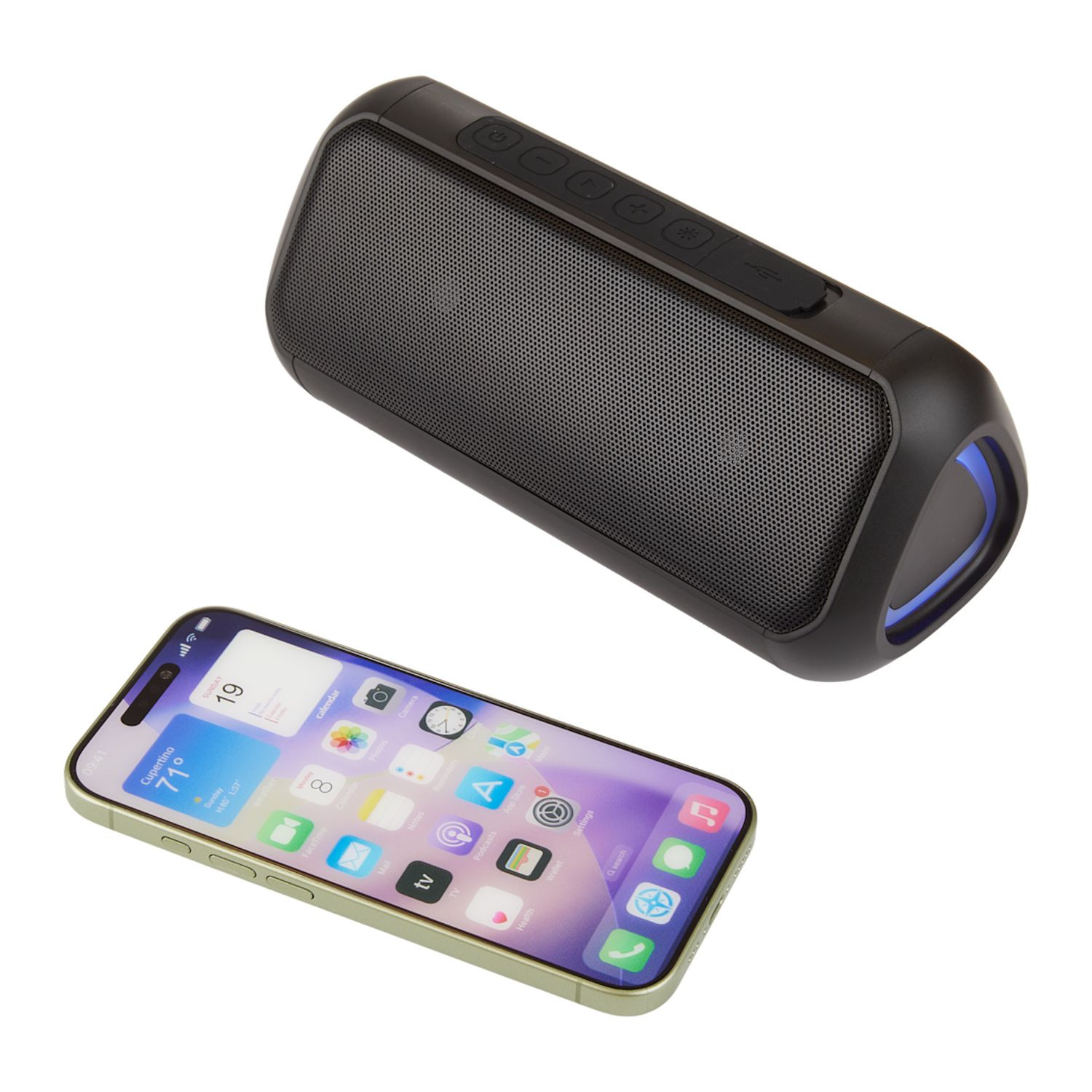 Black outdoor Bluetooth® party speaker with LED lights, waterproof design, built-in microphone, and wireless audio connectivity.