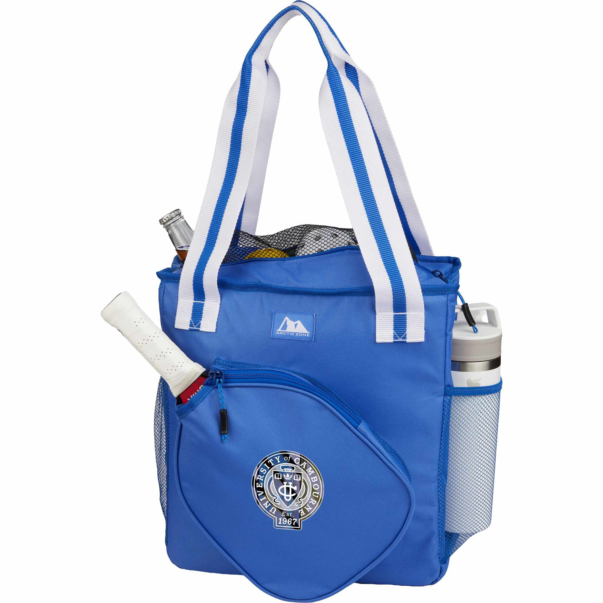 Arctic Zone 20 Can Insulated Pickleball Tote Cooler in royal blue durable polyester with insulated main compartment, zippered top closure, front zippered pocket, and mesh side pocket, designed for carrying drinks and refreshments for pickleball games and outdoor activities.