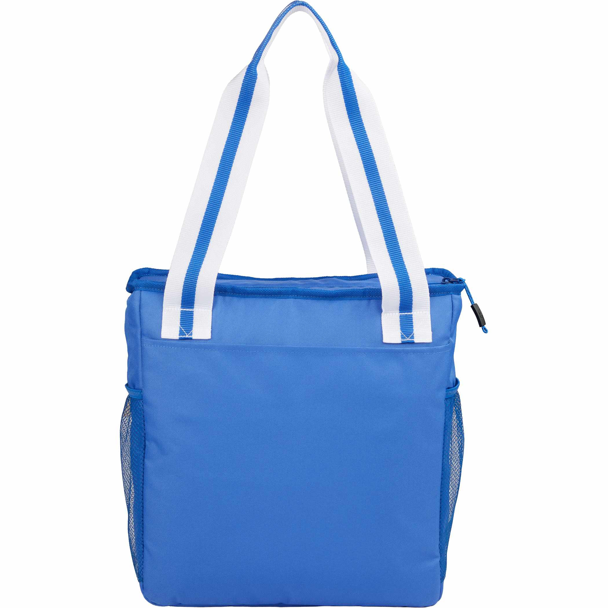 At the back of Arctic Zone 20 Can Insulated Pickleball Tote Cooler in royal blue durable polyester with insulated main compartment, zippered top closure, front zippered pocket, and mesh side pocket, designed for carrying drinks and refreshments for pickleball games and outdoor activities.