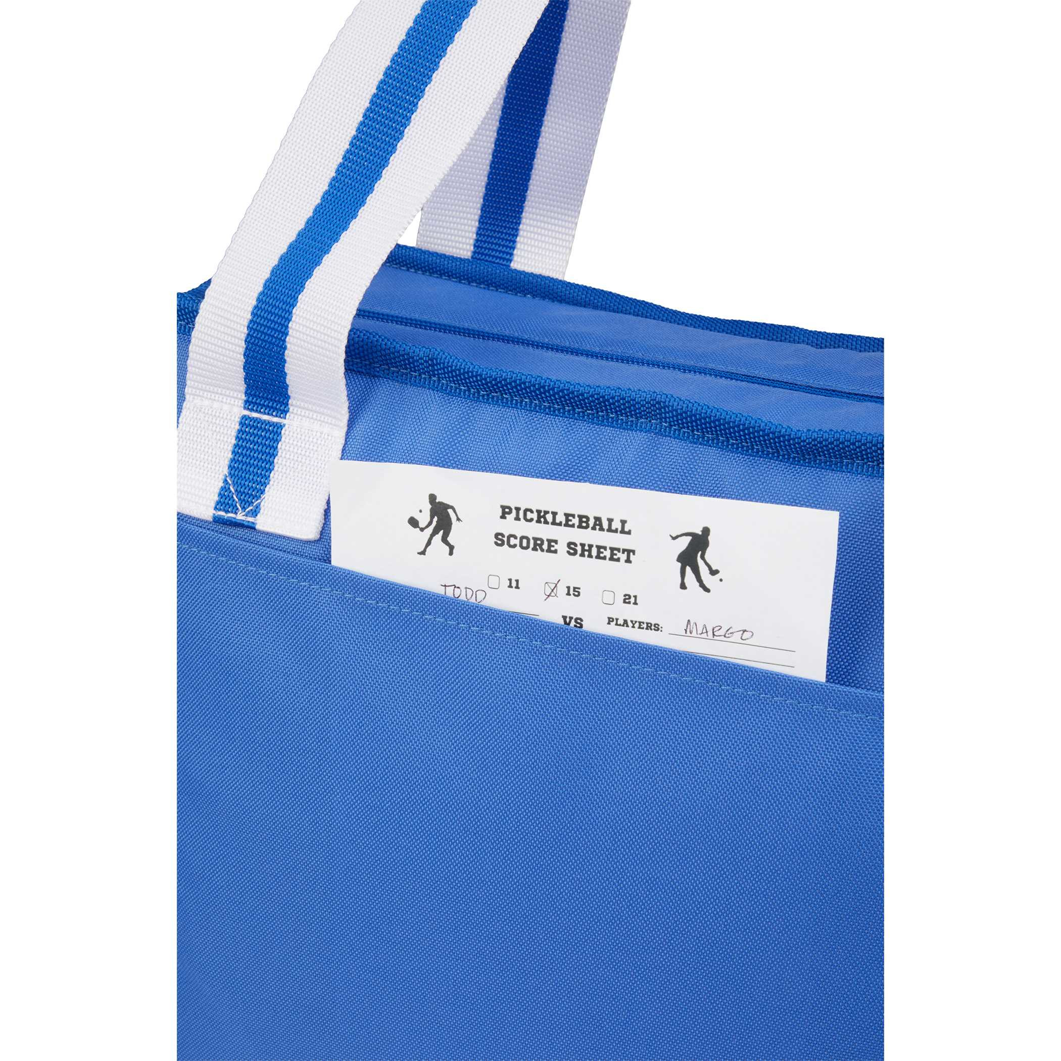 Pocket at the back of Arctic Zone 20 Can Insulated Pickleball Tote Cooler in royal blue durable polyester with insulated main compartment, zippered top closure, front zippered pocket, and mesh side pocket, designed for carrying drinks and refreshments for pickleball games and outdoor activities.