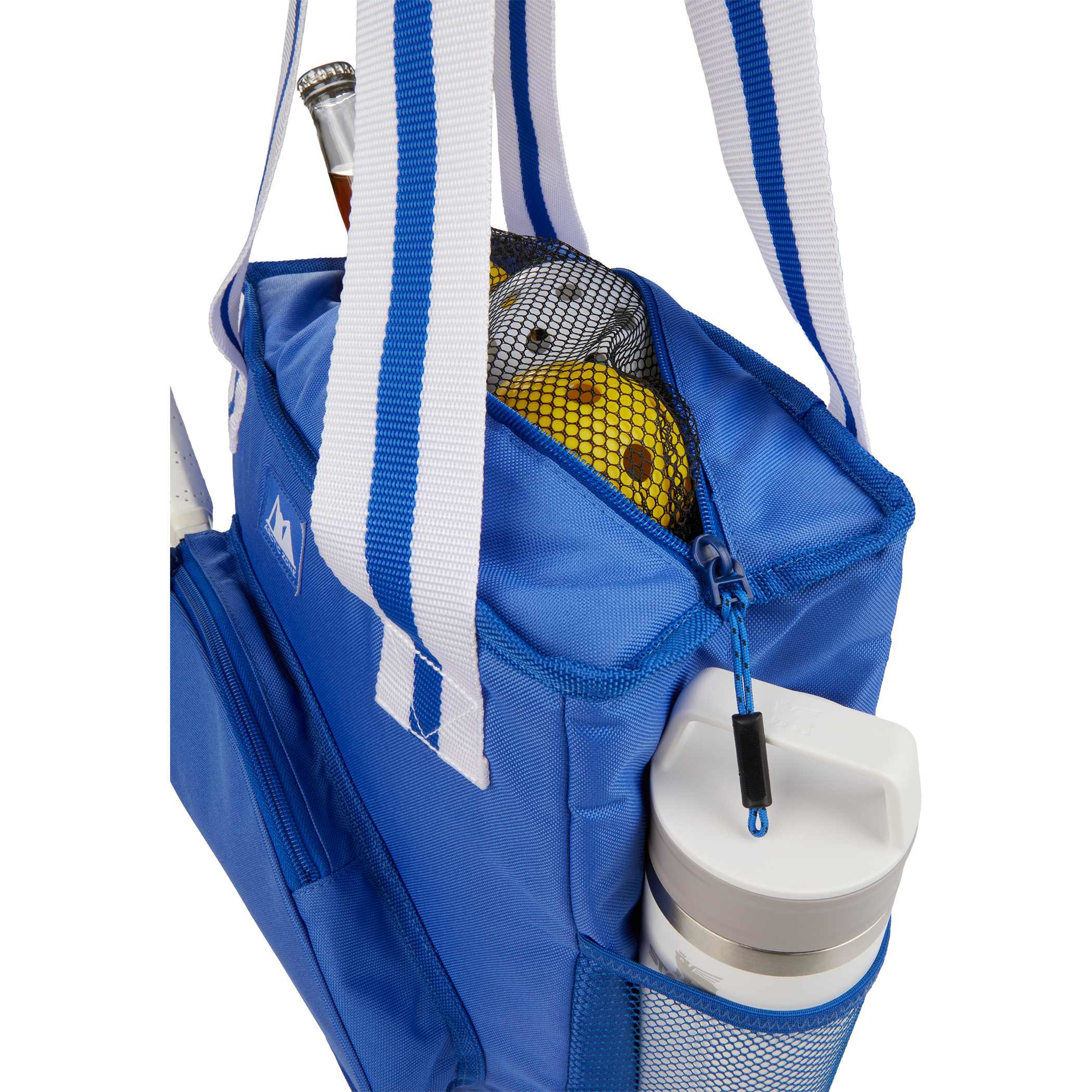 Arctic Zone 20 Can Insulated Pickleball Tote Cooler in royal blue durable polyester with insulated main compartment, zippered top closure, front zippered pocket, and mesh side pocket, designed for carrying drinks and refreshments for pickleball games and outdoor activities.