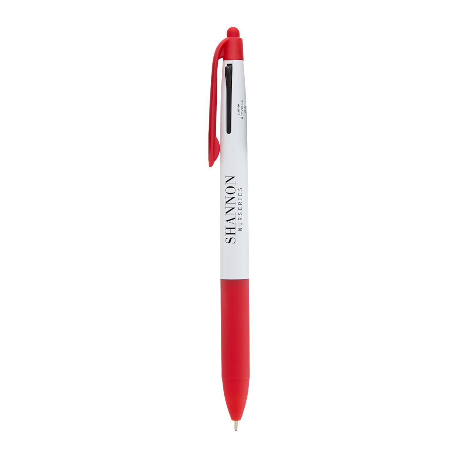 Red recycled ABS multi-ink stylus pen with click-action design, built-in stylus tip, and black, blue, and red ink options.