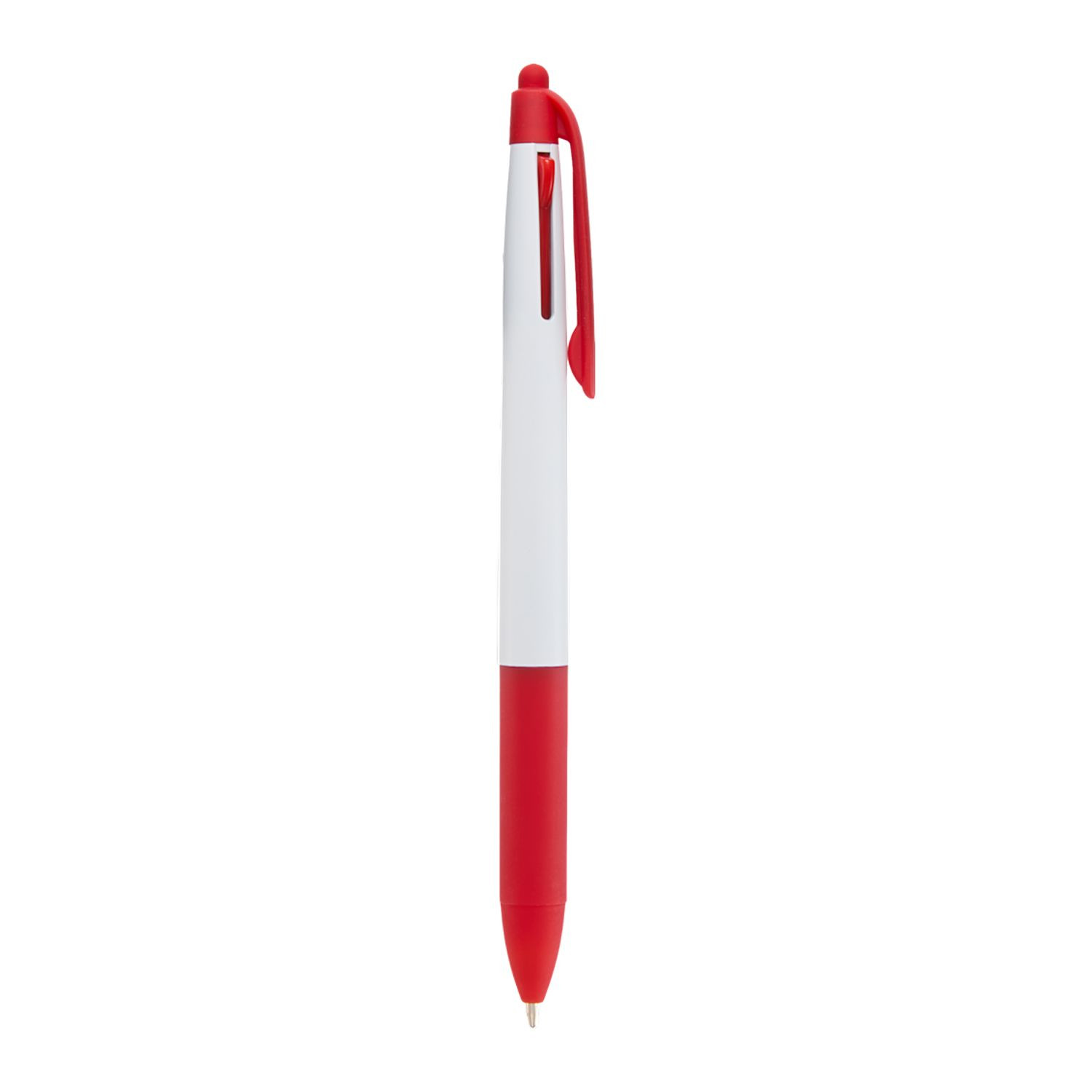 Red recycled ABS multi-ink stylus pen with click-action design, built-in stylus tip, and black, blue, and red ink options.