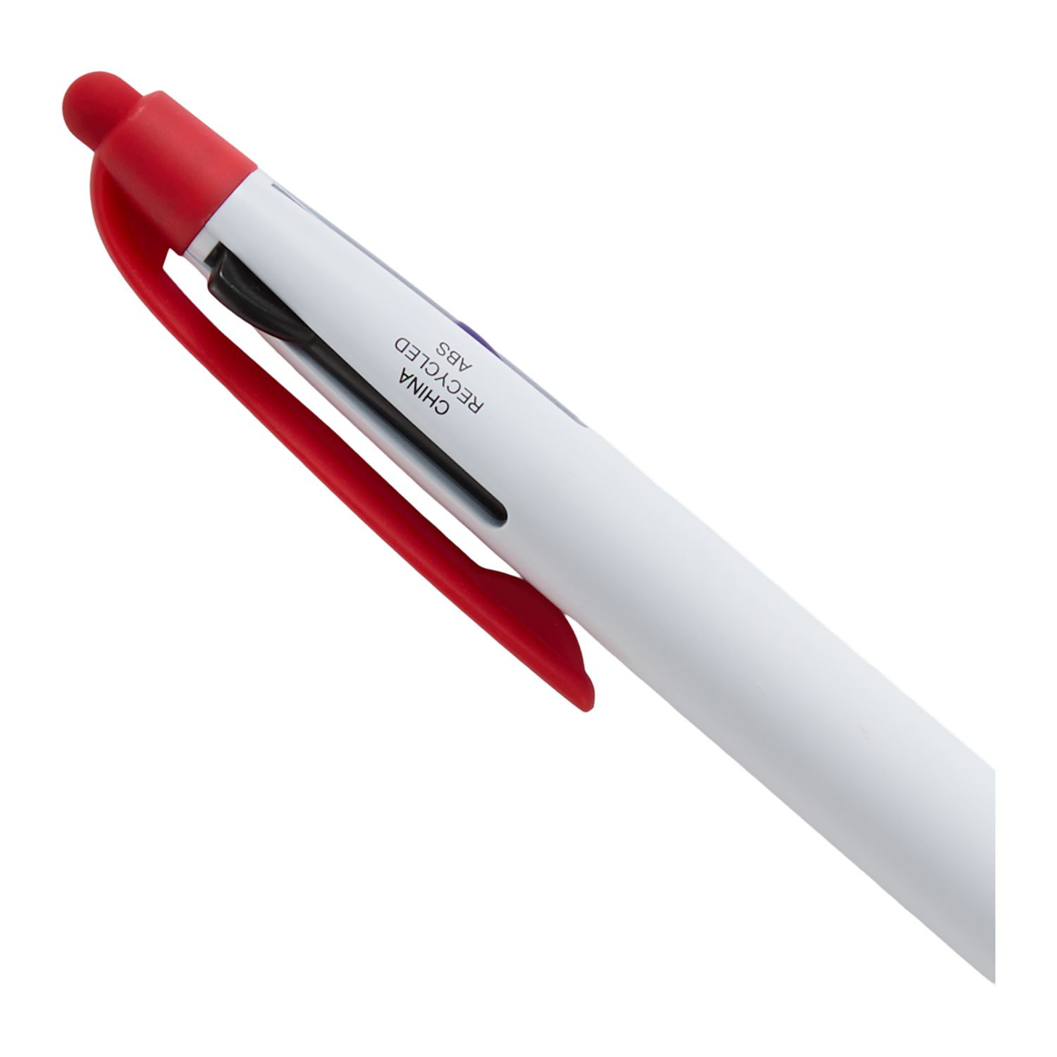 Red recycled ABS multi-ink stylus pen with click-action design, built-in stylus tip, and black, blue, and red ink options.