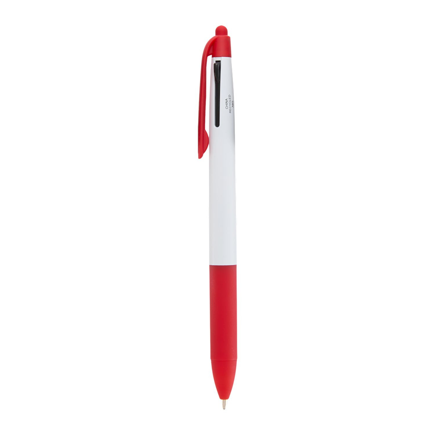 Red recycled ABS multi-ink stylus pen with click-action design, built-in stylus tip, and black, blue, and red ink options.