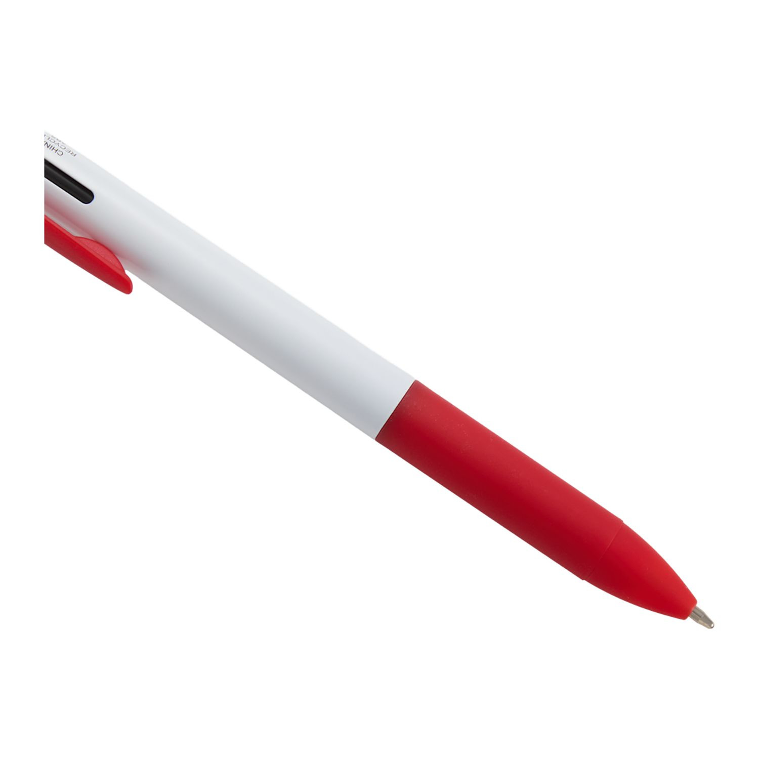 Red recycled ABS multi-ink stylus pen with click-action design, built-in stylus tip, and black, blue, and red ink options.
