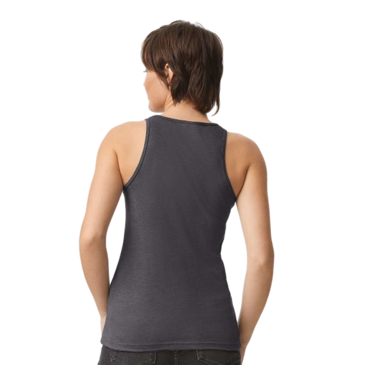 Heather Charcoal sleeveless tank top with a soft cotton-blend fabric, shaped fit, ribbed neckline and armholes, and a clean everyday design.