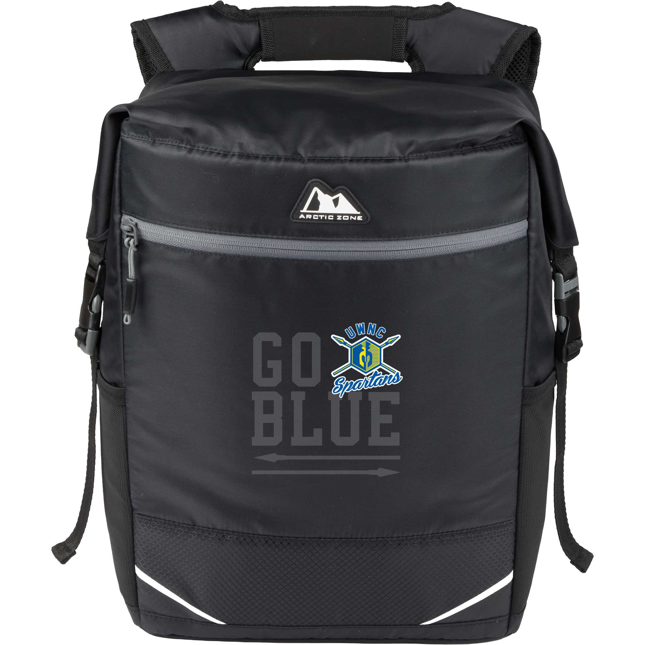 Arctic Zone Rolltop 24 Can Cinch Cooler in black durable insulated fabric with roll-top closure and adjustable cinch straps, shown as a soft-sided cooler designed for carrying beverages and food for outdoor activities, travel, and picnics.