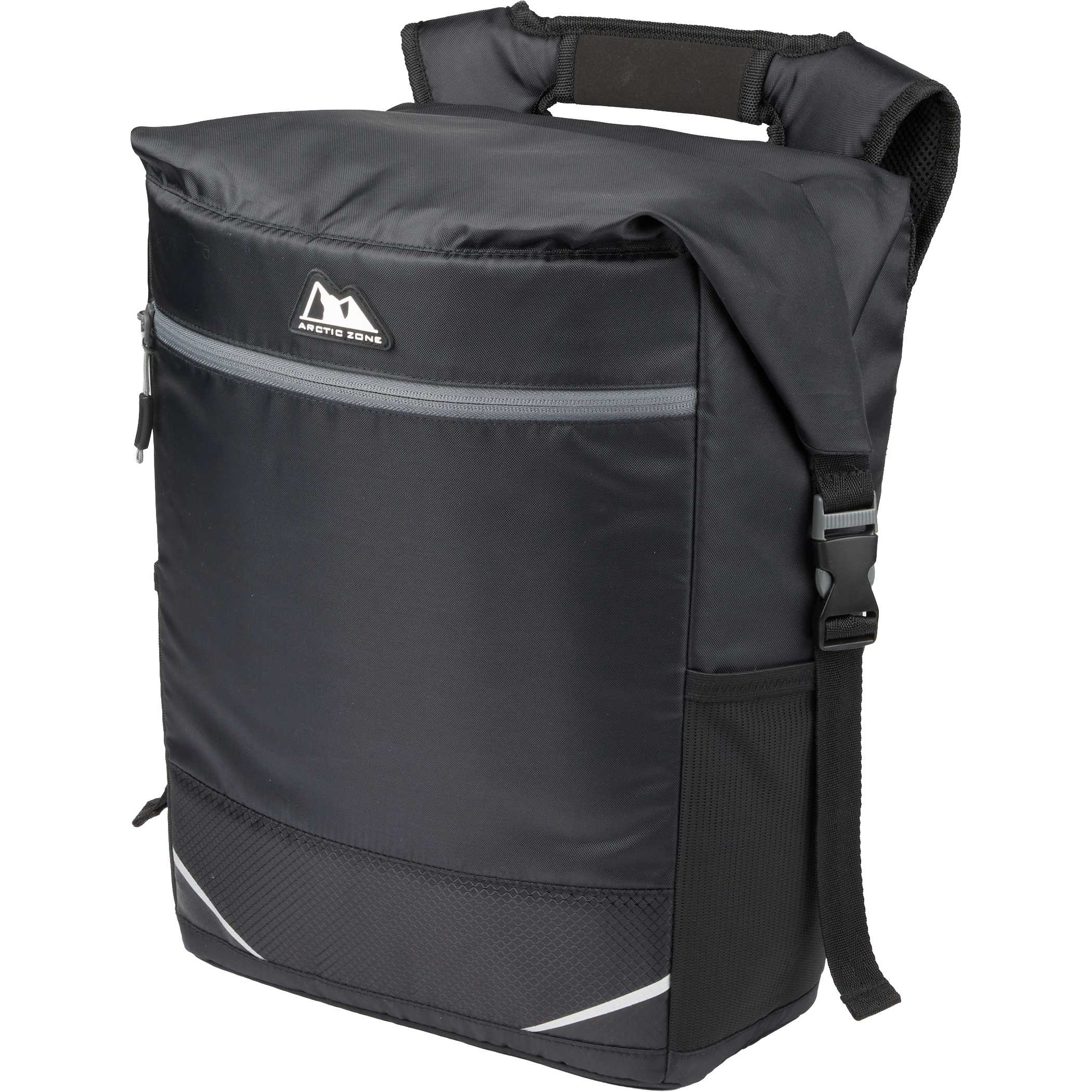 Arctic Zone Rolltop 24 Can Cinch Cooler in black durable insulated fabric with roll-top closure and adjustable cinch straps, shown as a soft-sided cooler designed for carrying beverages and food for outdoor activities, travel, and picnics.