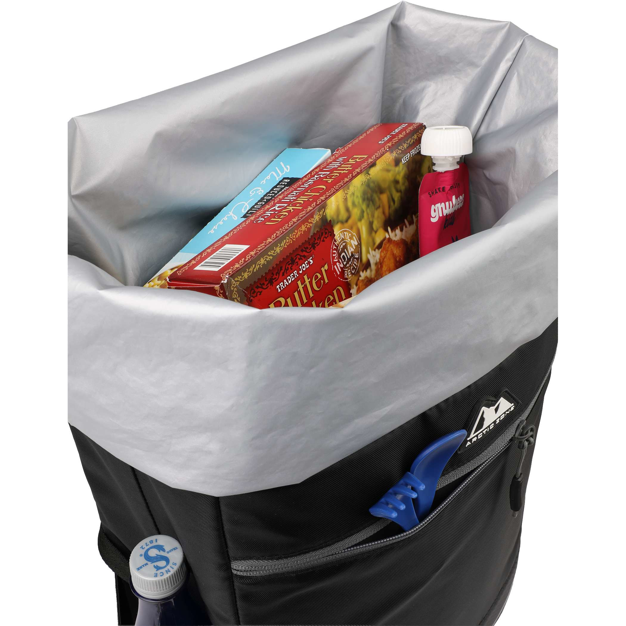 Arctic Zone Rolltop Cinch Backpack Cooler in black durable insulated fabric with roll-top closure and front zip pocket, shown in an outdoor setting with hiking and picnic gear, used for carrying drinks and food during travel and outdoor activities.