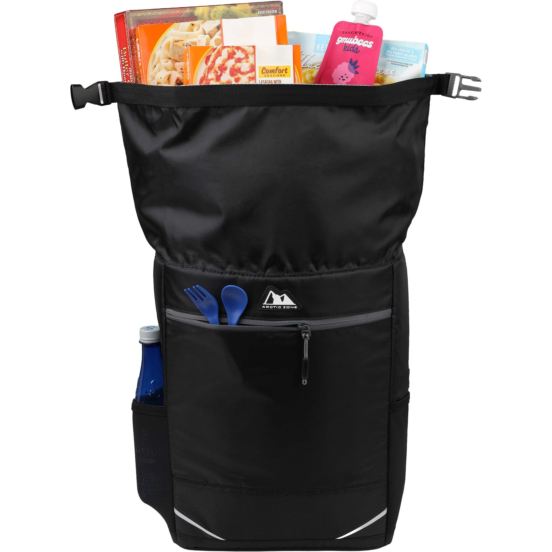 Arctic Zone Rolltop Cinch Backpack Cooler in black with adjustable shoulder straps and cinch closure, propped outdoors beside picnic items and gear, highlighting its use as a portable insulated cooler for hiking, travel, and outdoor events.