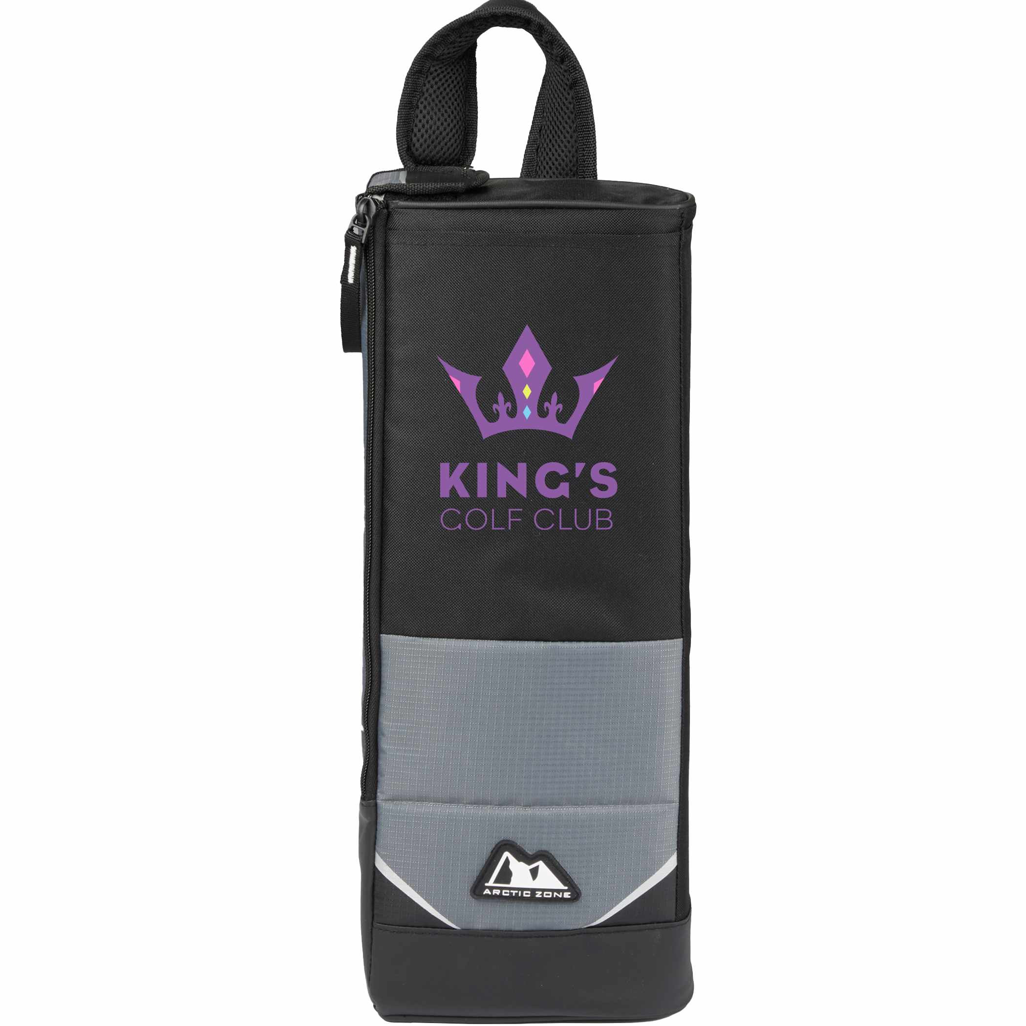 Arctic Zone 6 Can Golf Cooler in black durable polyester with insulated main compartment and adjustable shoulder strap, compact design shown as a slim carry bag intended for keeping beverages cold during golf rounds and outdoor activities.