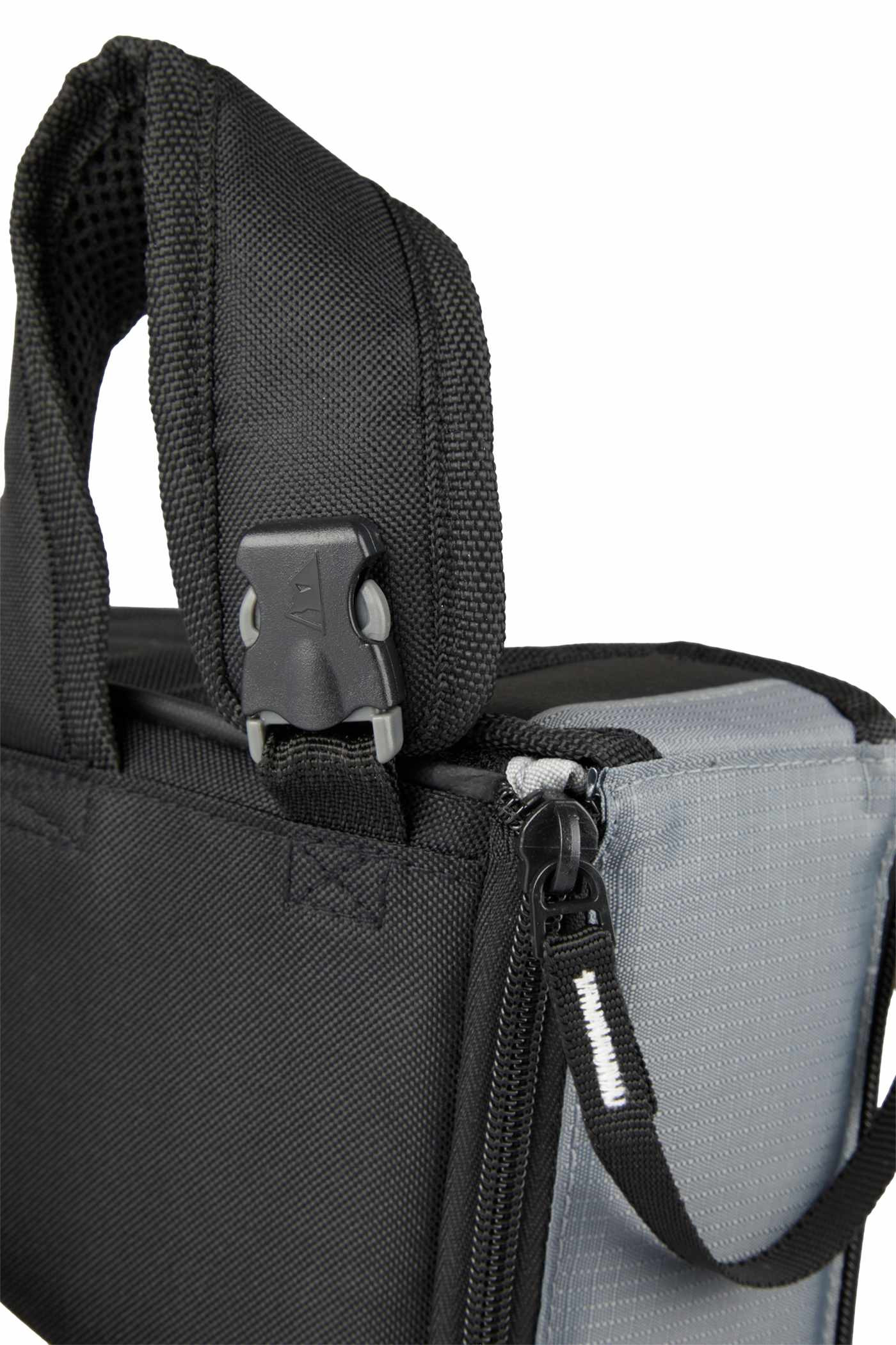 Arctic Zone Rolltop Cinch Cooler in black insulated fabric with roll-top closure and adjustable shoulder straps, shown in a lifestyle outdoor setting on a picnic table alongside food and drinks, highlighting its use as a portable cooler for travel, picnics, and outdoor gatherings.
