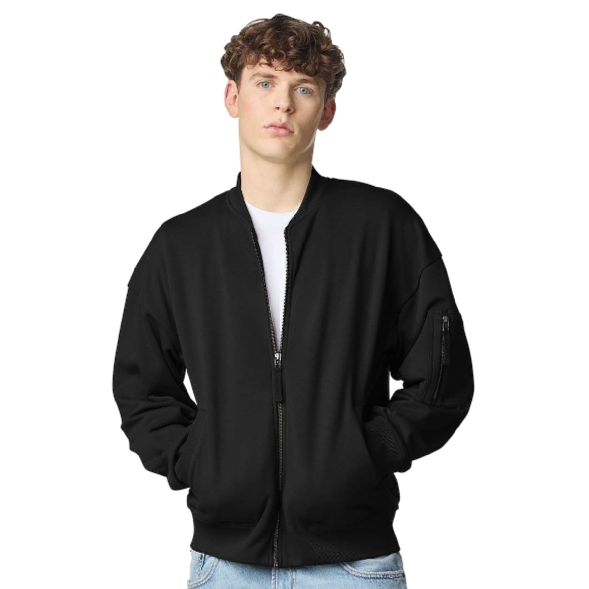 Black French terry varsity jacket with a soft cotton-blend finish, striped ribbed collar and cuffs, snap front closure, and relaxed casual fit.
