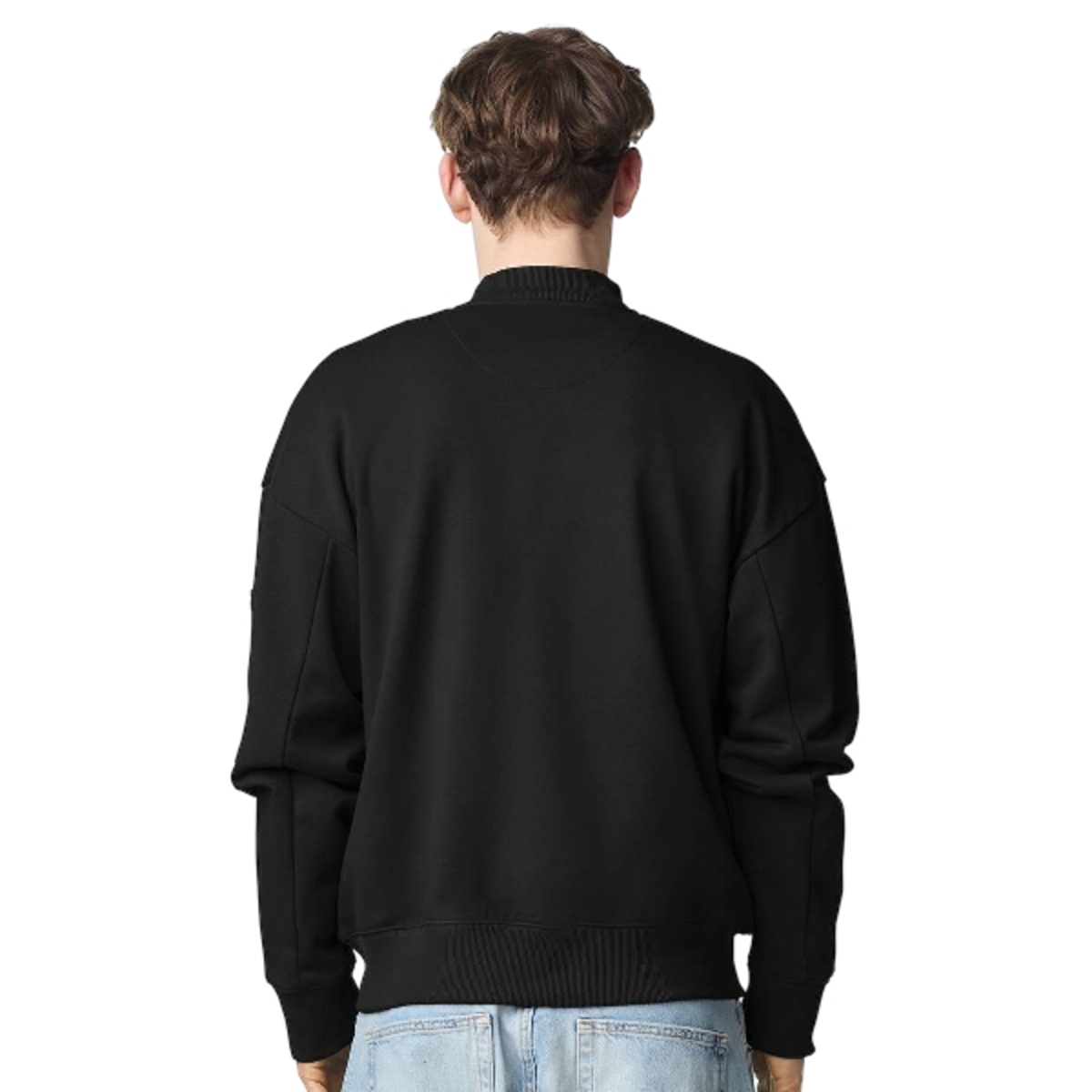 Black French terry varsity jacket with a soft cotton-blend finish, striped ribbed collar and cuffs, snap front closure, and relaxed casual fit.