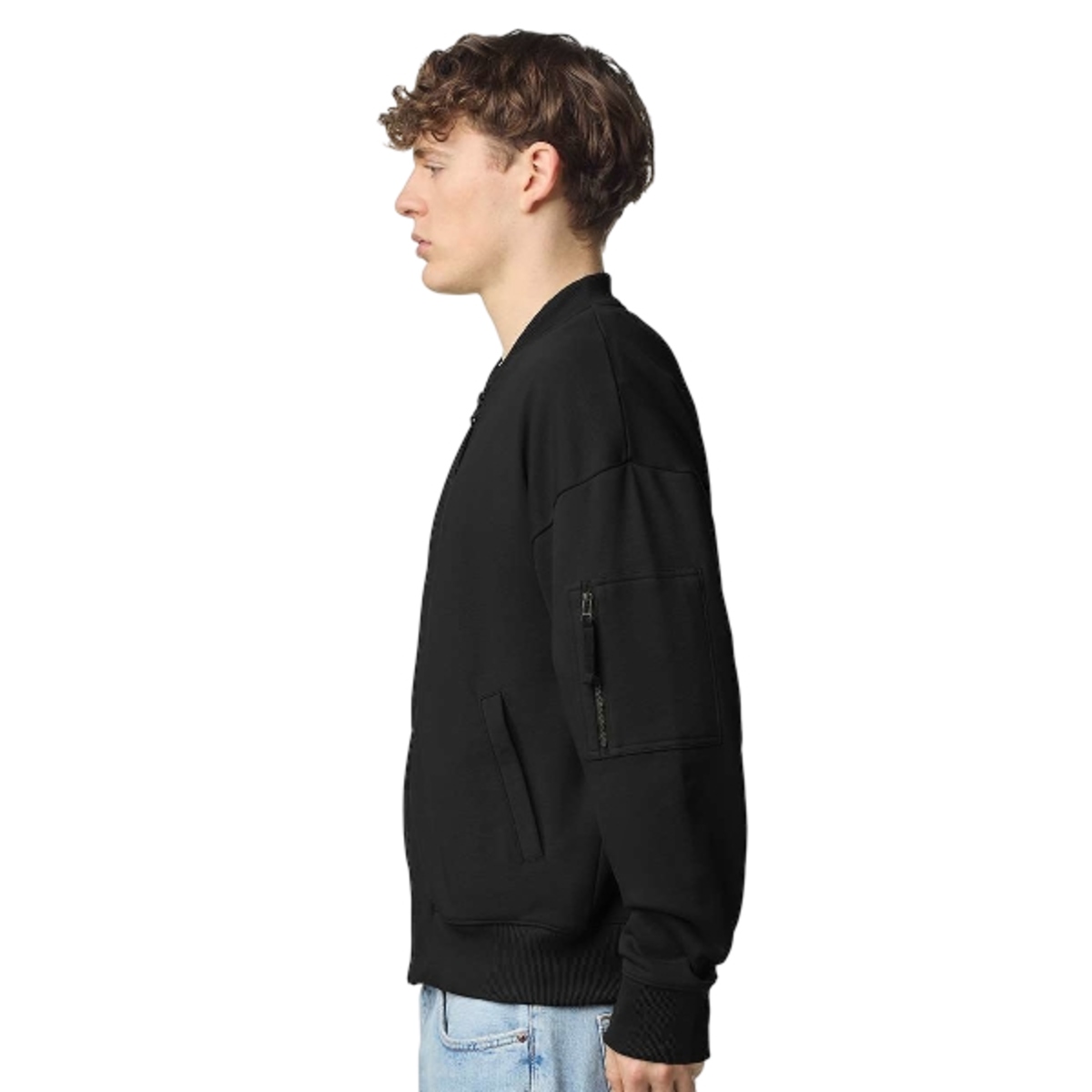 Black French terry varsity jacket with a soft cotton-blend finish, striped ribbed collar and cuffs, snap front closure, and relaxed casual fit.