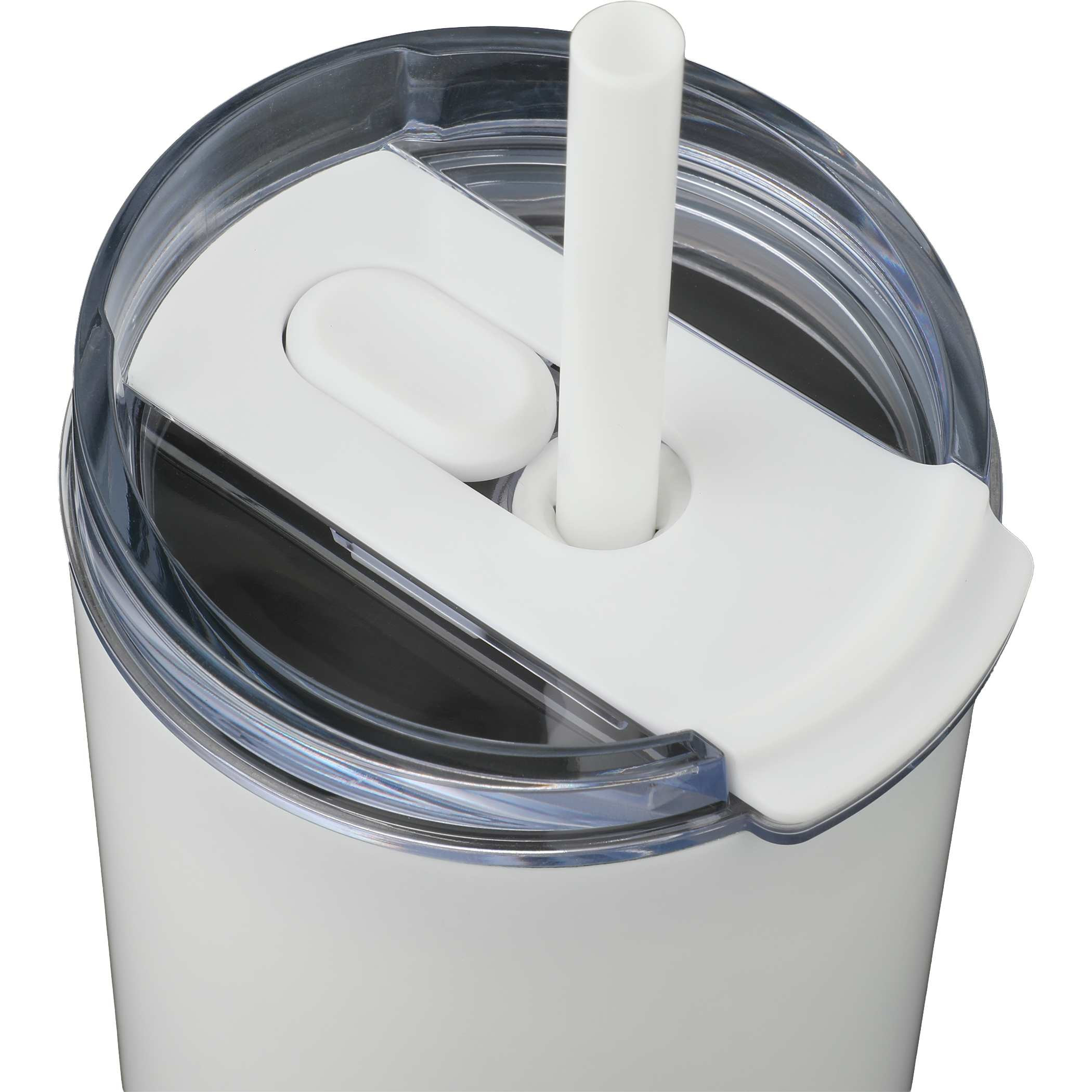 White Auxo 24oz Double Wall Vacuum Insulated Tumbler made of stainless steel with a spill-resistant lid and straw.