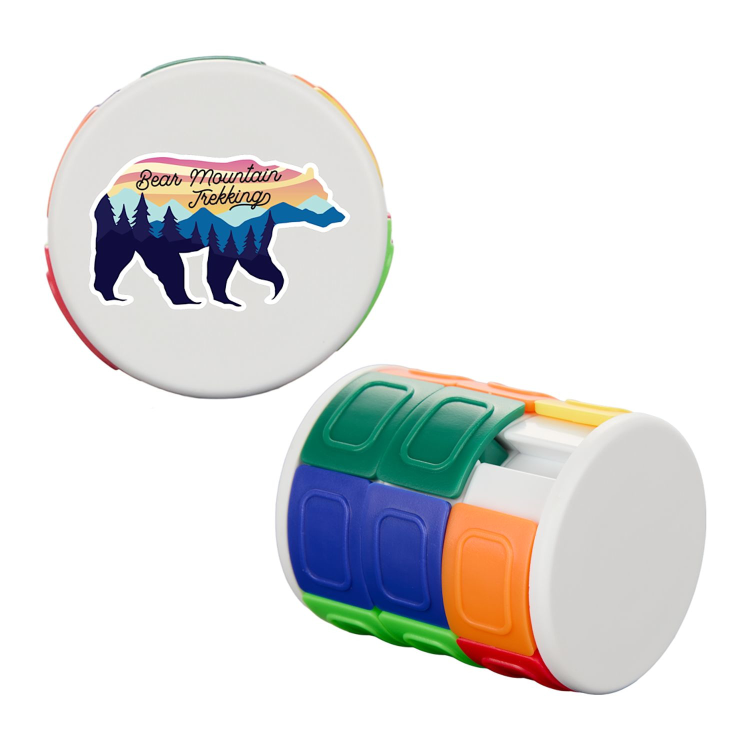 Multi-colored twist-and-slide puzzle toy with circular design for interactive brain teaser play and stress relief.
