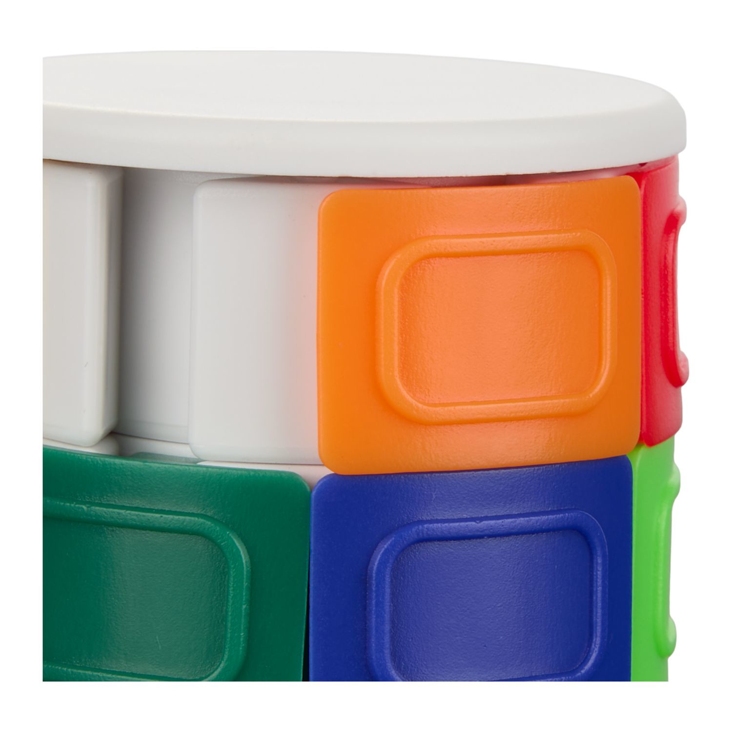 Multi-colored twist-and-slide puzzle toy with circular design for interactive brain teaser play and stress relief.