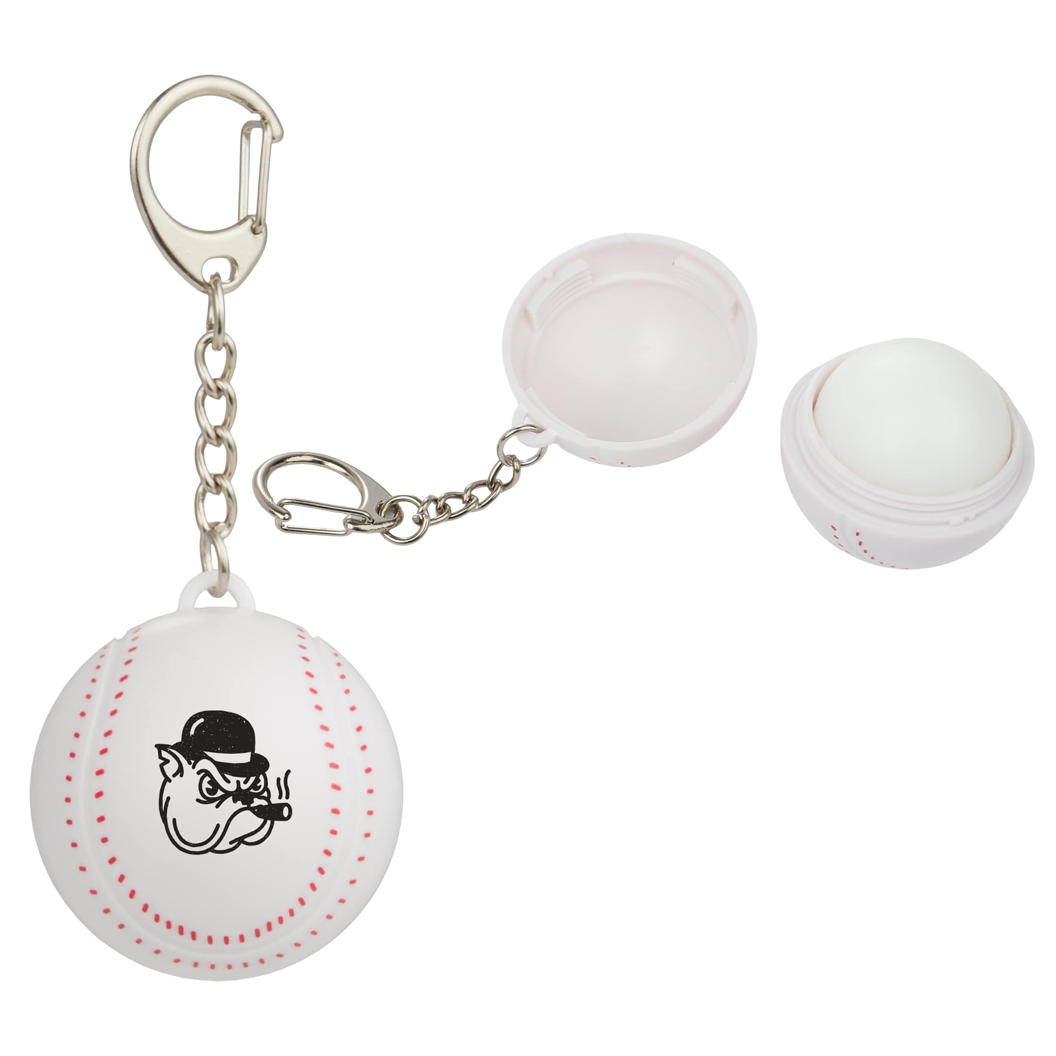 Recycled Baseball SPF15 Lip Balm Keychain with white baseball-shaped case, red stitched detailing, and attached metal keyring designed for portable lip balm storage and everyday use.