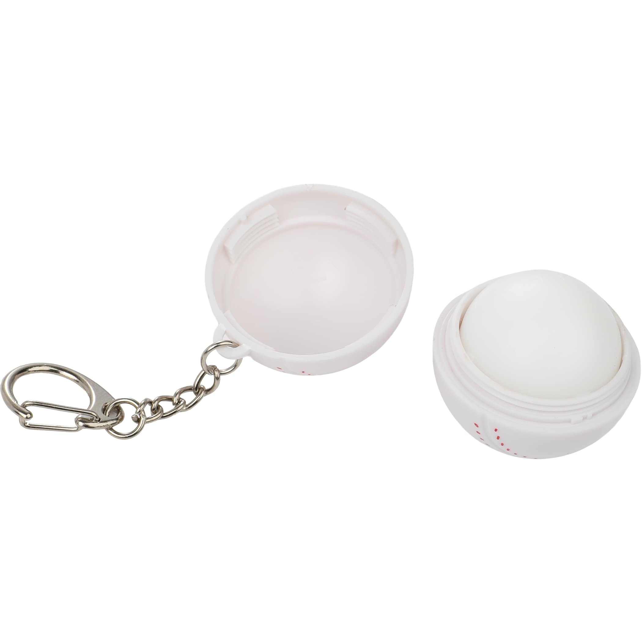 Inside of Recycled Baseball SPF15 Lip Balm Keychain with white baseball-shaped case, red stitched detailing, and attached metal keyring designed for portable lip balm storage and everyday use.