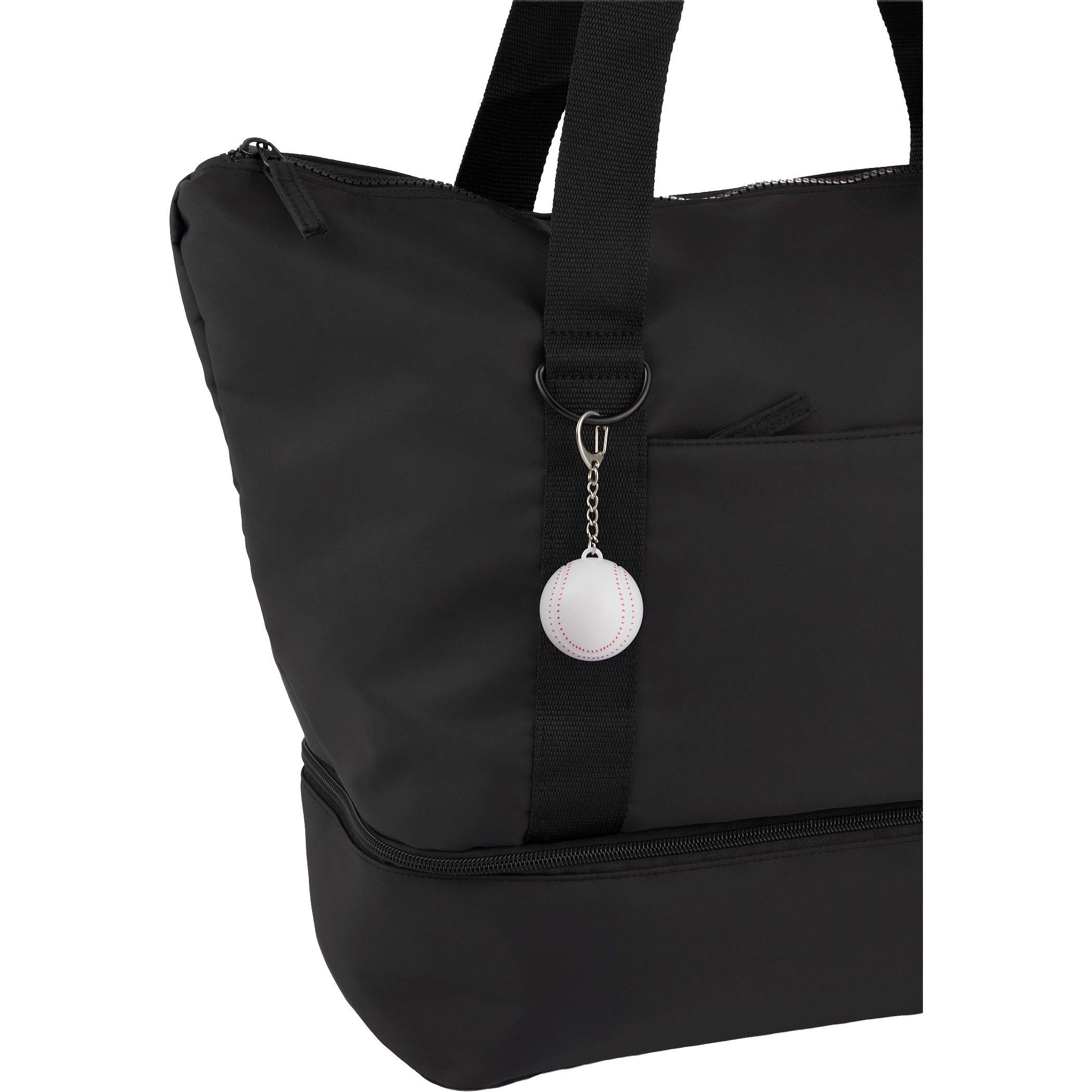 Black bag with dual carry handles, zippered bottom compartment, and Recycled Baseball SPF15 Lip Balm Keychain with white baseball-shaped case, red stitched detailing, and attached metal keyring designed for portable lip balm storage and everyday use, attached to the front strap for sports-themed travel or lunch storage.