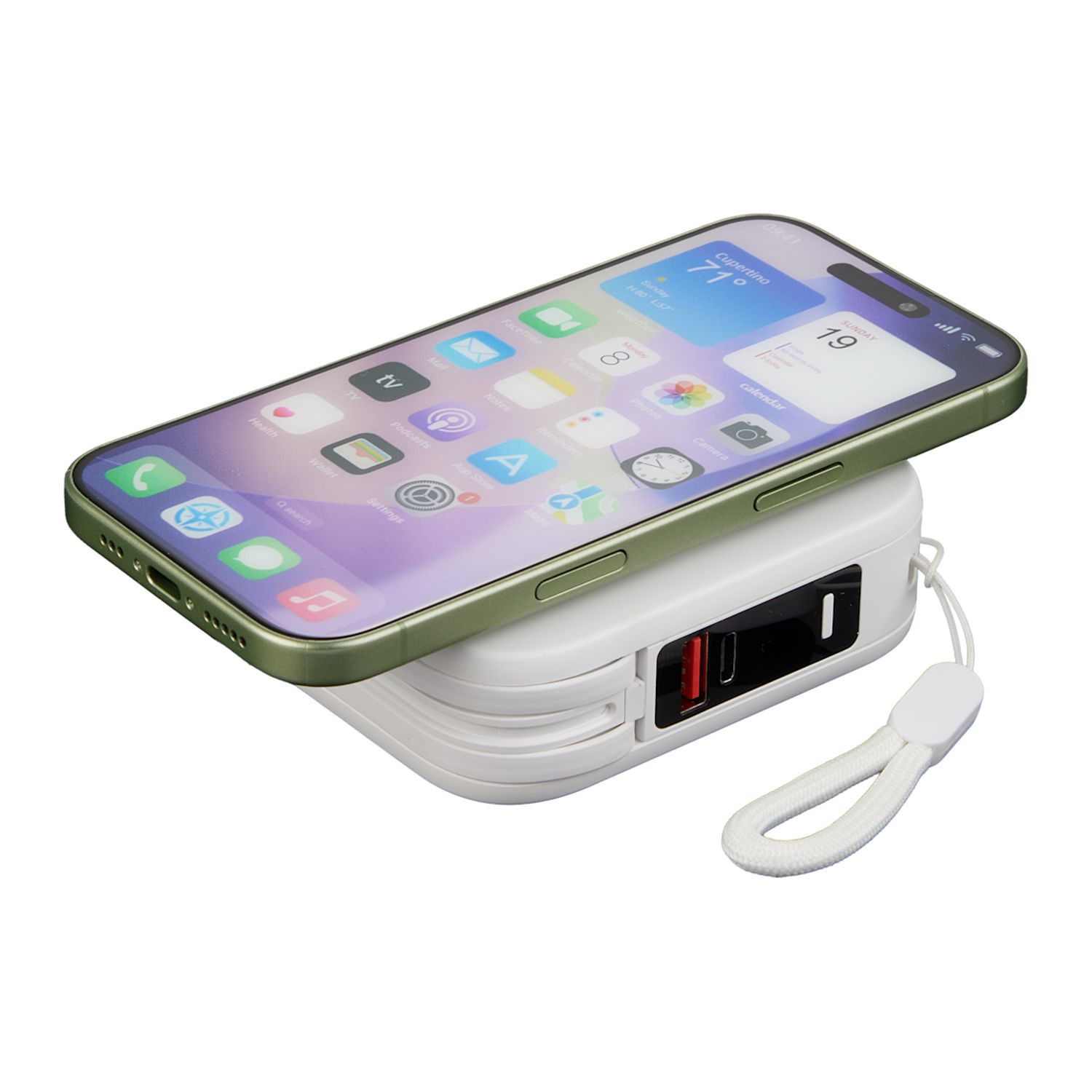 White 10,000 mAh wireless power bank with foldable wall plug, integrated charging cables, digital display, and built-in phone stand.