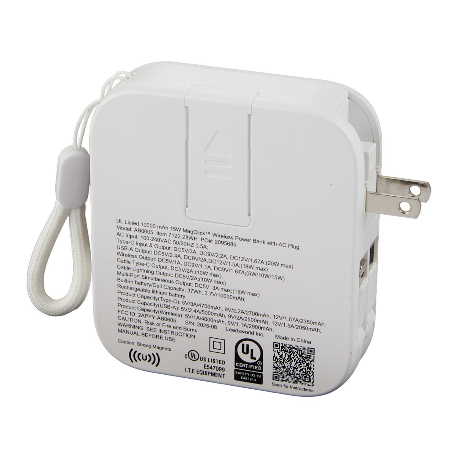 White 10,000 mAh wireless power bank with foldable wall plug, integrated charging cables, digital display, and built-in phone stand.