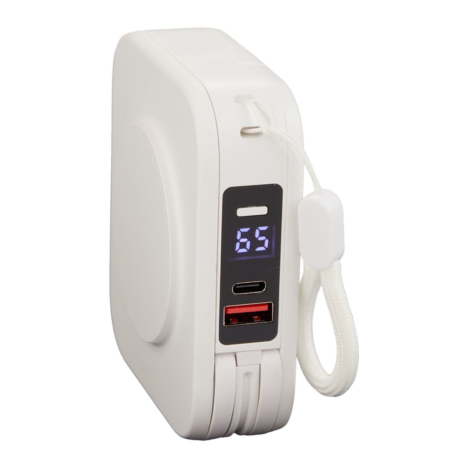 White 10,000 mAh wireless power bank with foldable wall plug, integrated charging cables, digital display, and built-in phone stand.